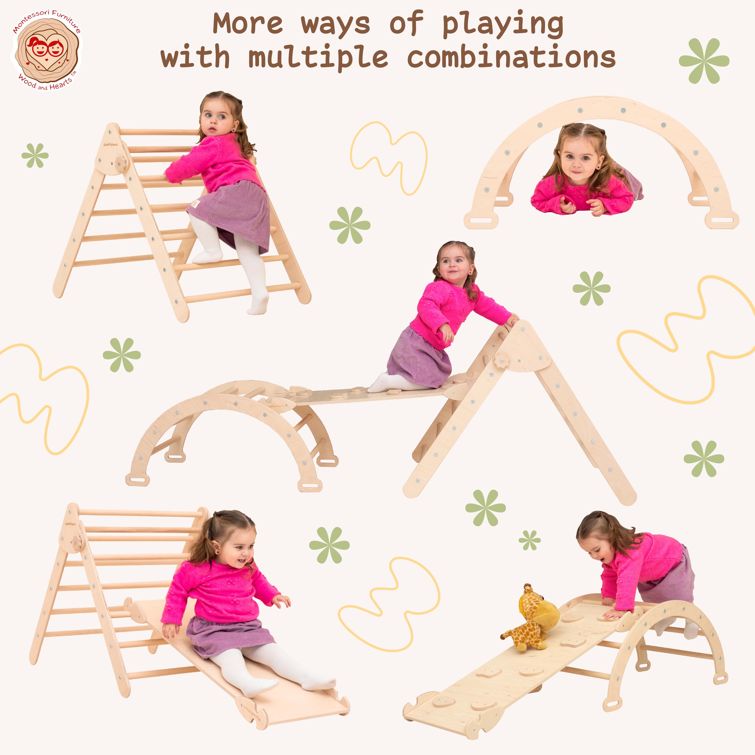 Wooden Climbing Triangle Gym for Toddlers - 3-in-1 Montessori Climbing Set with Ramp & Slide - Natural Wood Baby Activity Gym for Indoor Play, Physical Development & Sensory Exploration (Standard Size)