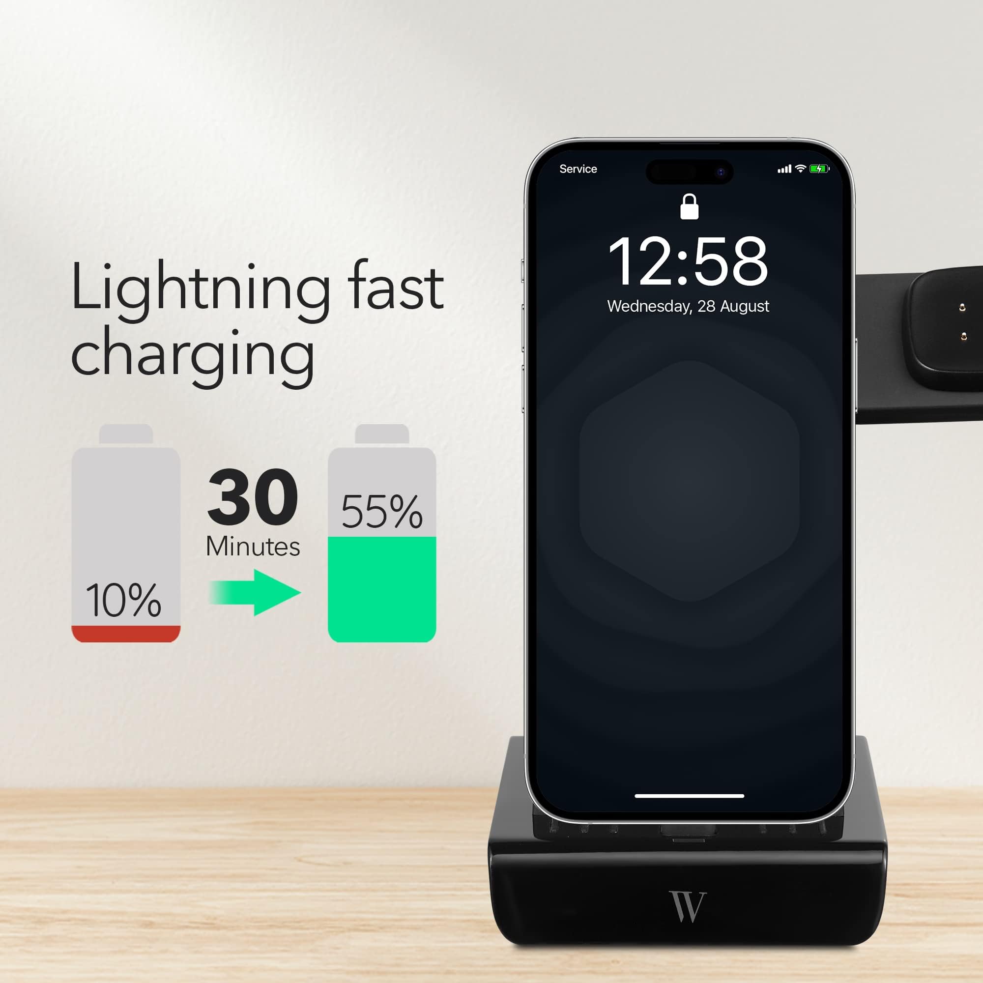 Wasserstein 3-in-1 Wireless Charging Station for iPhone, AirPods & Fitbit | Multi-Device Charger Stand for Apple Products | Fast Qi-Certified Charging Pad | Not Compatible with Pixel Watch | Perfect for Home, Office & Nightstand (Black)