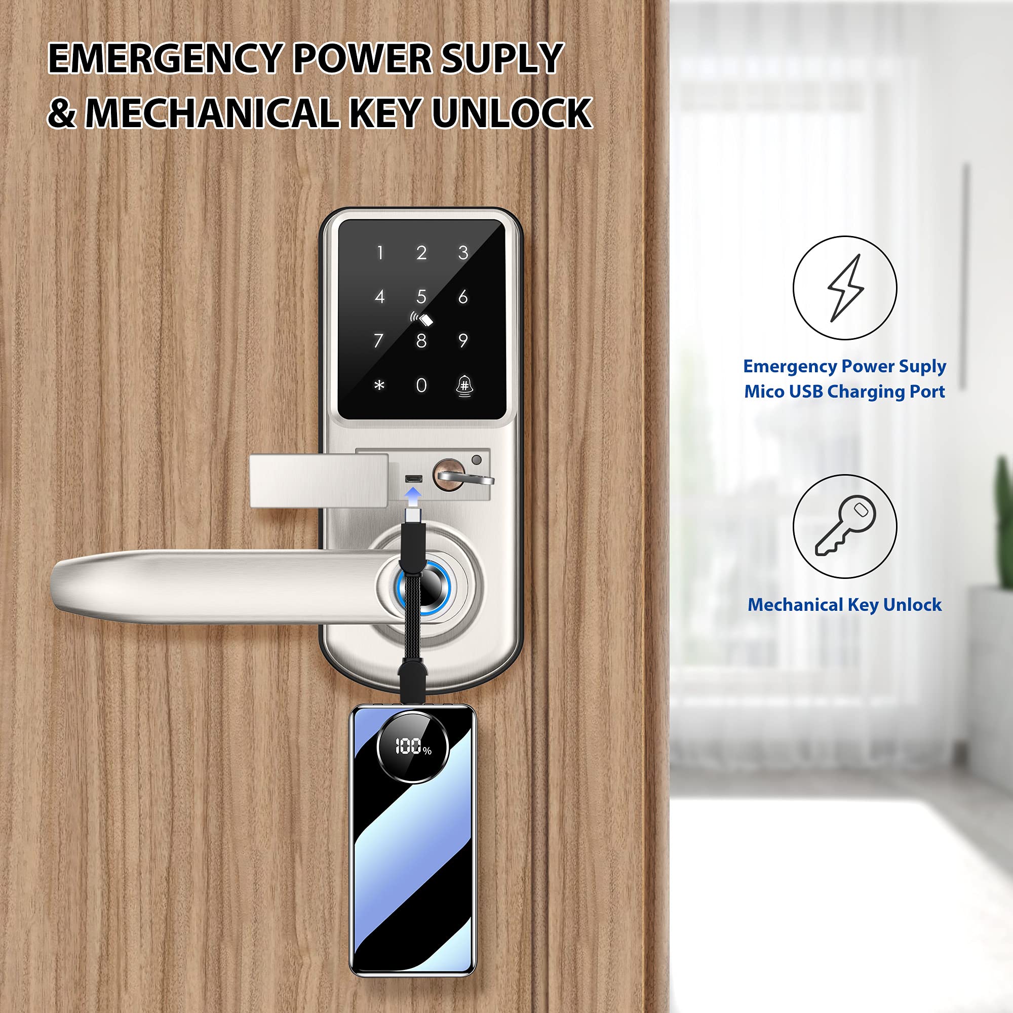 Smart Door Lock with Fingerprint, Bluetooth & Key Card - Keyless Entry for Front Door, Office, Garage & Airbnb - Digital Door Lock with App Control & Handle for Enhanced Security & Convenience