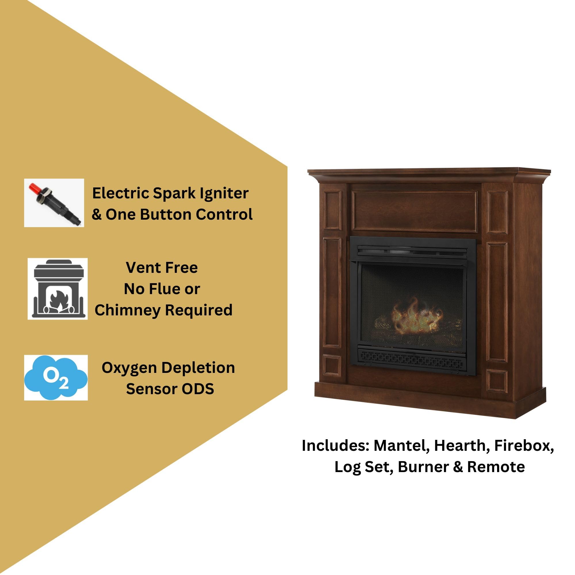Comfort Glow Dual Fuel Ventless Gas Fireplace with Mantle - The Avalon Model, Adjustable Thermostat, 26,000 BTU for 950 sq ft Heating, Natural Gas or Liquid Propane, Walnut Finish - Perfect for Living Rooms, Bedrooms & Basements