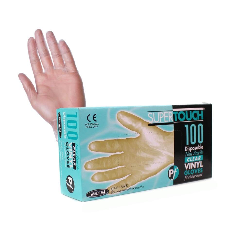 Supertouch Vinyl Powder-Free Gloves Medium (Box of 100) - Latex-Free Disposable Gloves for Food Handling, Cleaning & Medical Use