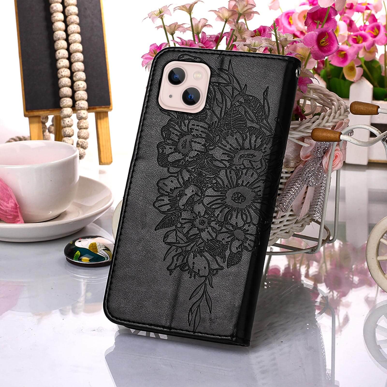 Butterfly Floral Embossed Leather Wallet Case for iPhone 13/14 - Protective Flip Cover with Wrist Strap, Card Holder Slots & Stand Feature (Black) | Perfect for Everyday Use, Travel & Hands-Free Viewing