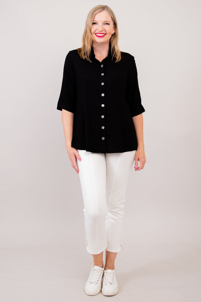 Lorine Blouse Women's Linen Bamboo Blend Black Top - Elegant Casual Shirt for Office, Date Night & Summer Outfits
