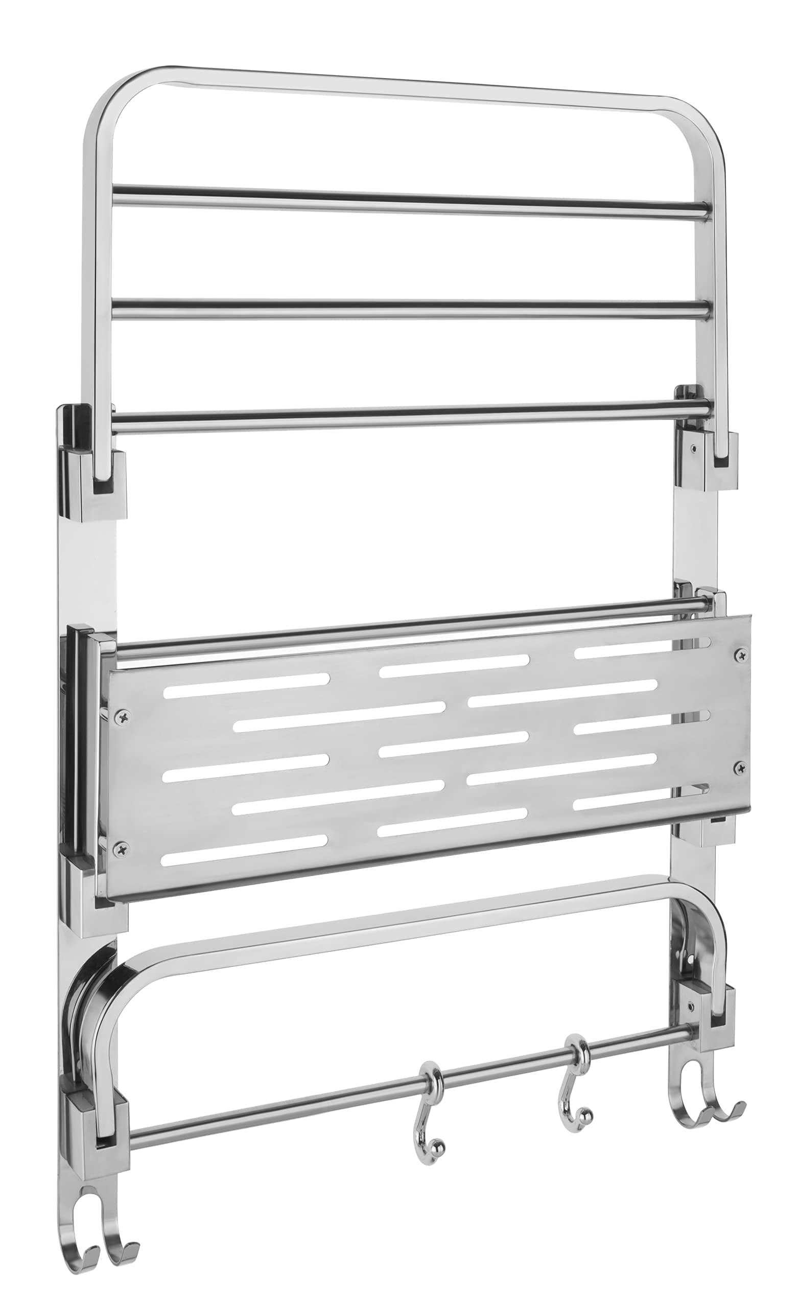 Plantex 3-Tier Chrome Folding Bathroom Wall Shelf - 304 Stainless Steel Bathroom Organizer with Hooks & Towel Rod - Space Saving Storage for Towels, Toiletries & Shower Essentials - Perfect for Small Bathrooms, Apartments & RVs