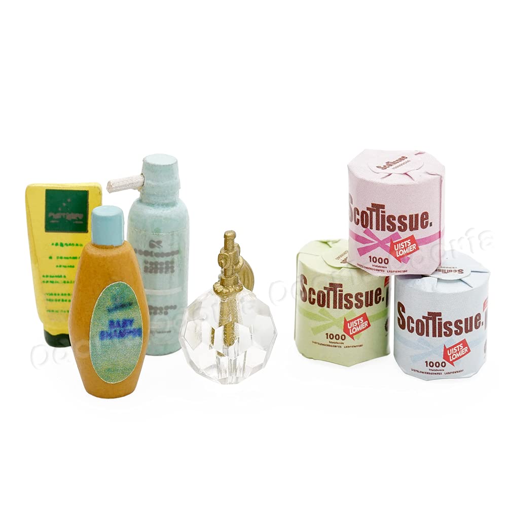 Odoria 1/12 Scale Miniature Shampoo, Lotion & Perfume Set with Toilet Paper Rolls - Realistic Dollhouse Bathroom Accessories for DIY Crafts, Model Scenes & Collectors Display