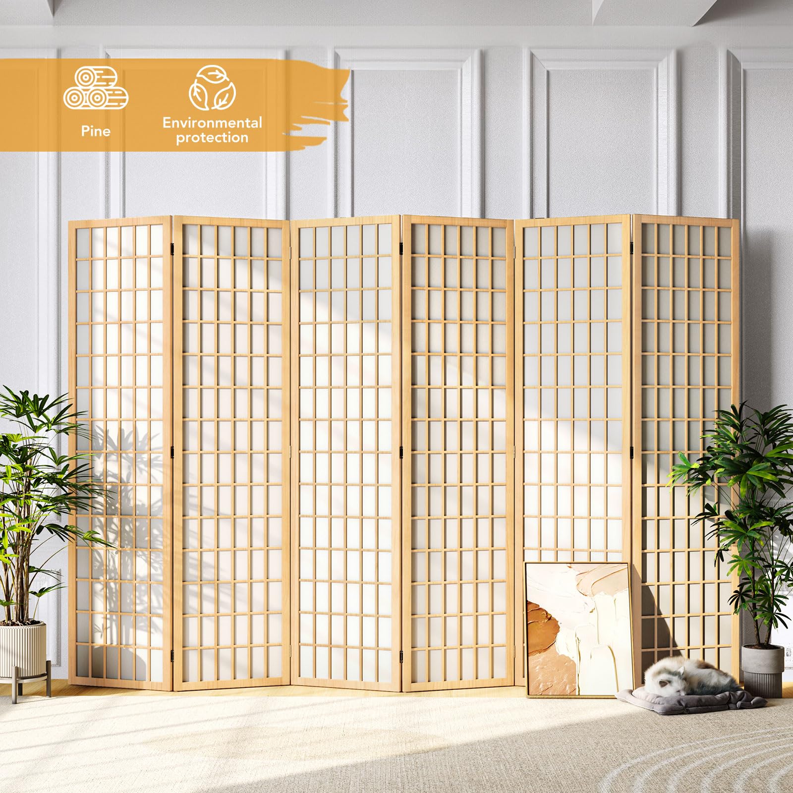 JOSTYLE 6 Panel Folding Room Divider Privacy Screen - 5.9 Ft Natural Wood Japanese Shoji Style Partition for Bedroom, Office & Living Room | Space Separator for Home Decor, Yoga Studio & Event Spaces