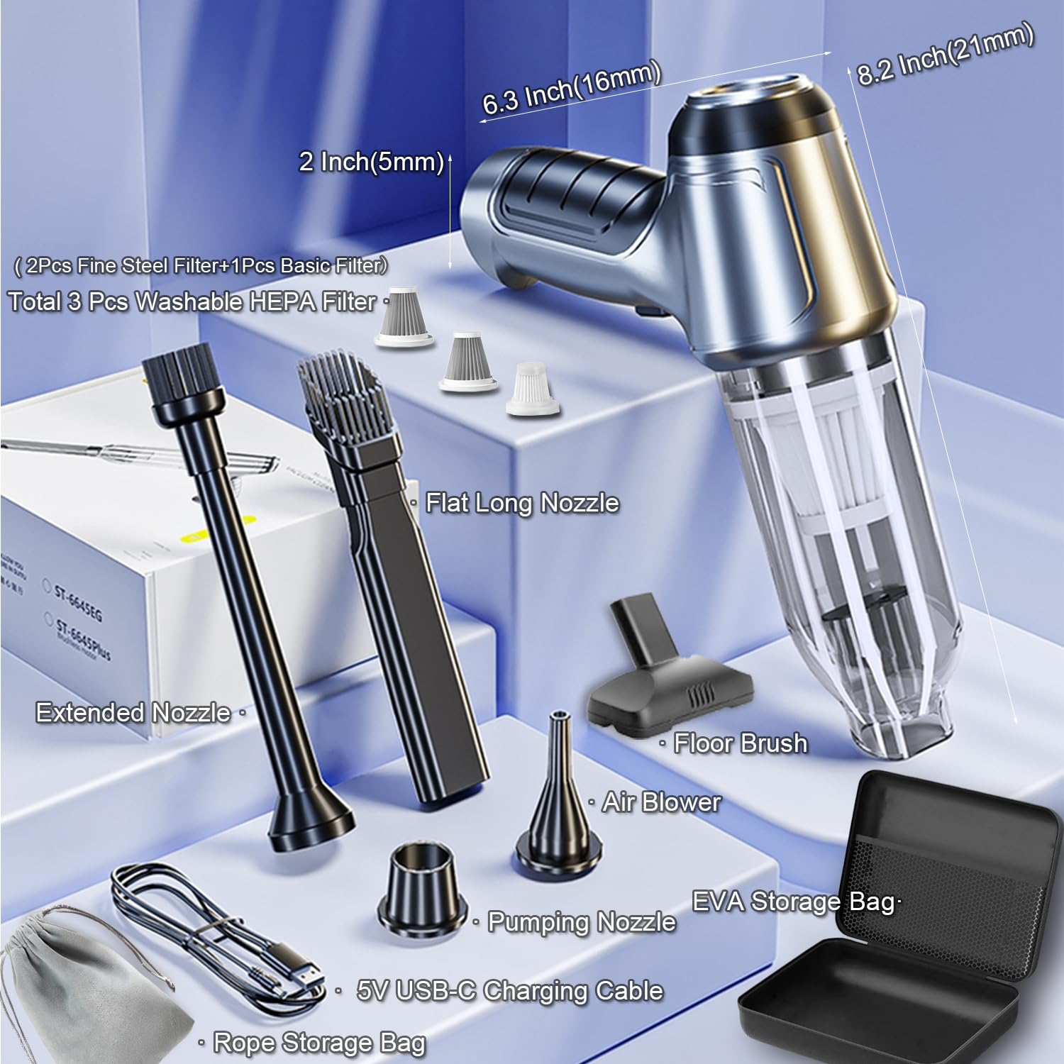 Wireless Portable Mini Car Vacuum Cleaner - 15000PA Powerful Handheld Cordless Vacuum with Brushless Motor, 3-in-1 Rechargeable Vacuum for Car, Home & Office Cleaning (Silver Grey Pro) | Perfect for Quick Car Detailing, Pet Hair Removal & Desktop Dust Cleaning