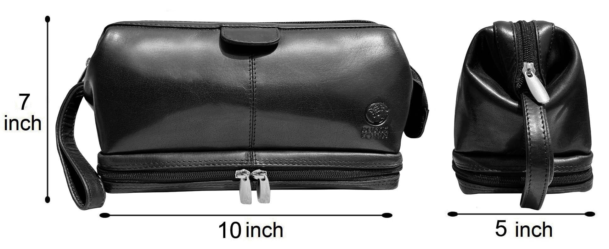 RUSTIC TOWN Genuine Leather Toiletry Bag for Men & Women - Waterproof Travel Shaving Dopp Kit, Cosmetic Makeup Organizer - Perfect for Bathroom, Shower, Gym & Vacation Essentials
