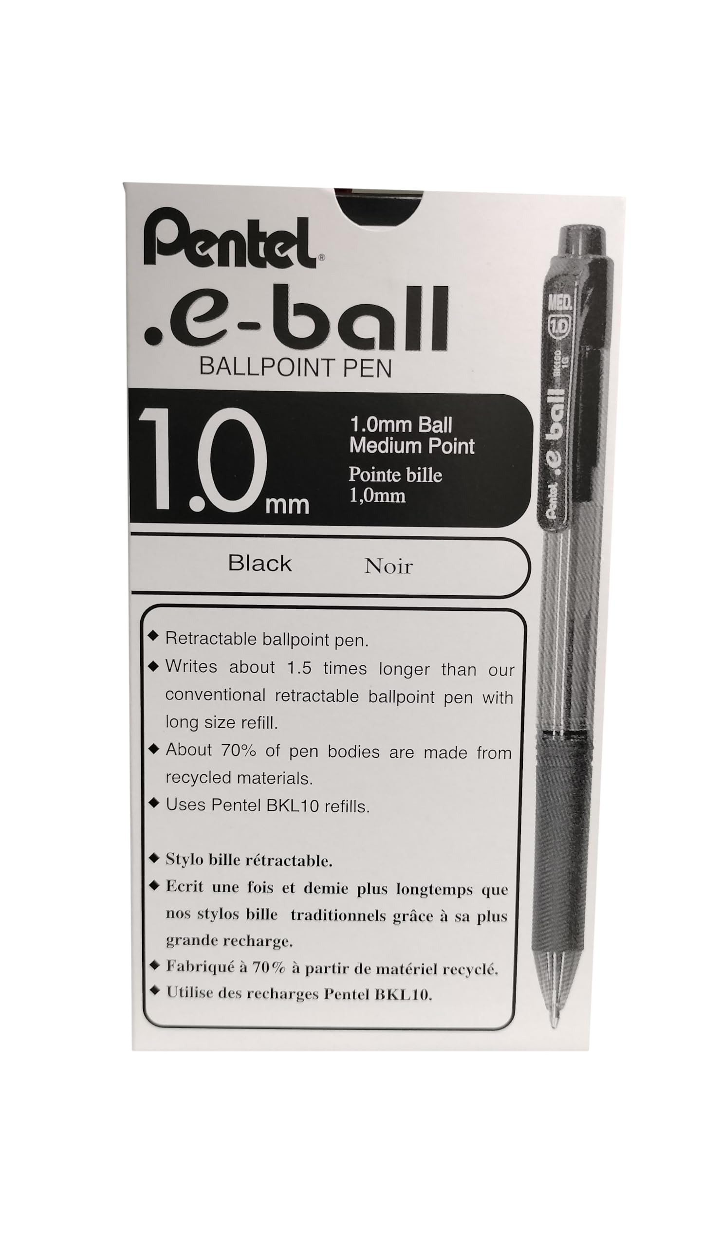 Pentel E-Ball 1.0mm Retractable Ballpoint Pens - 12 Pack Black Ink Pens for Office, School & Everyday Writing - Smooth Writing Gel Pens for Notes, Journaling & Professional Documents
