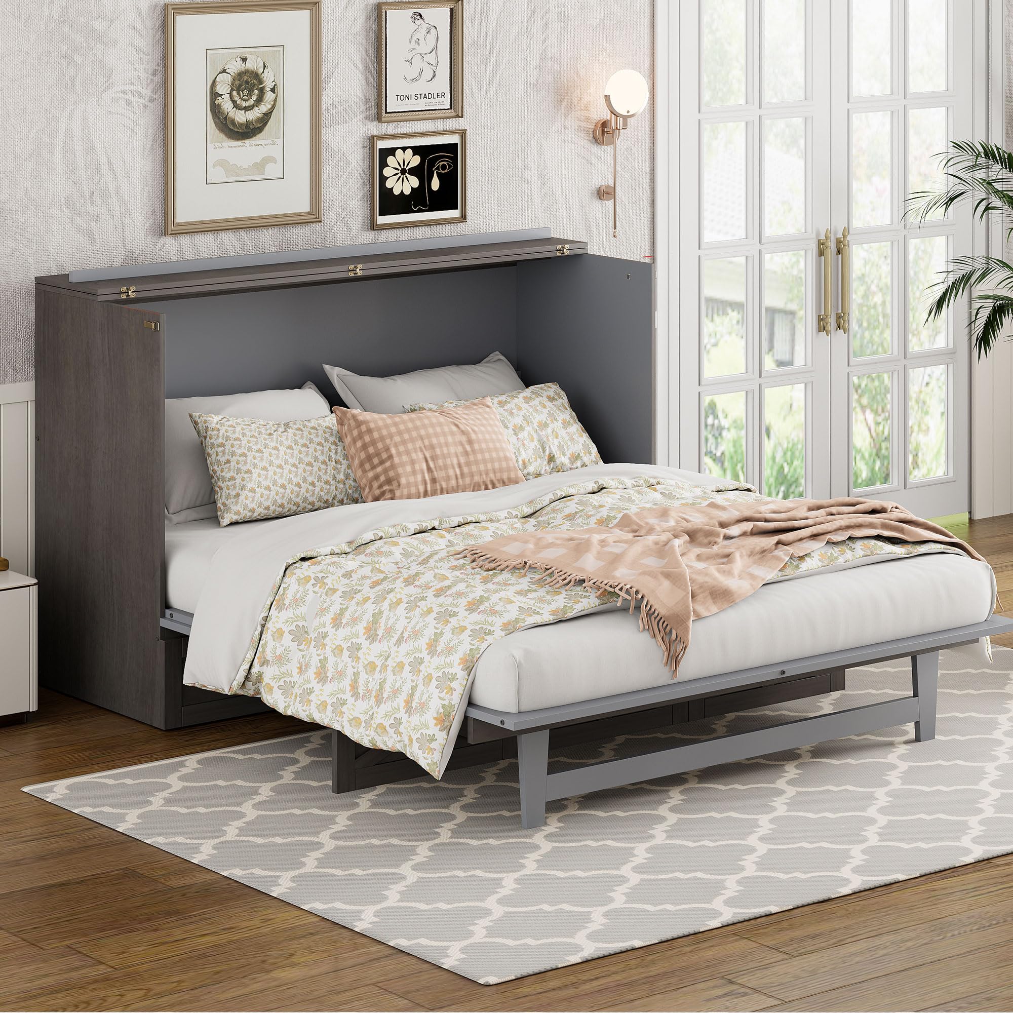 Queen Size Murphy Bed with Storage Drawers & USB Charging Station - Space Saving Wall Bed Cabinet for Home Office, Guest Room & Small Apartments - Brushed Gray Finish - Easy Pull Down Mechanism for Comfortable Sleeping
