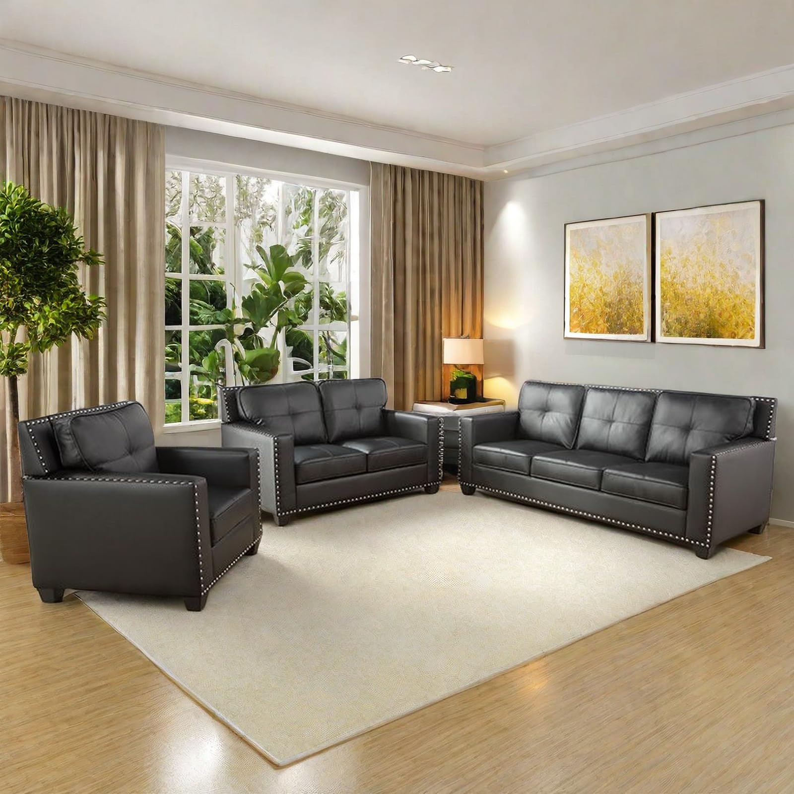 Modern 3-Piece Leather Sofa Set for Living Room - Loveseat, Armchair & Couch with Nailhead Trim | Comfortable Sectional Furniture for Home Decor & Family Gatherings