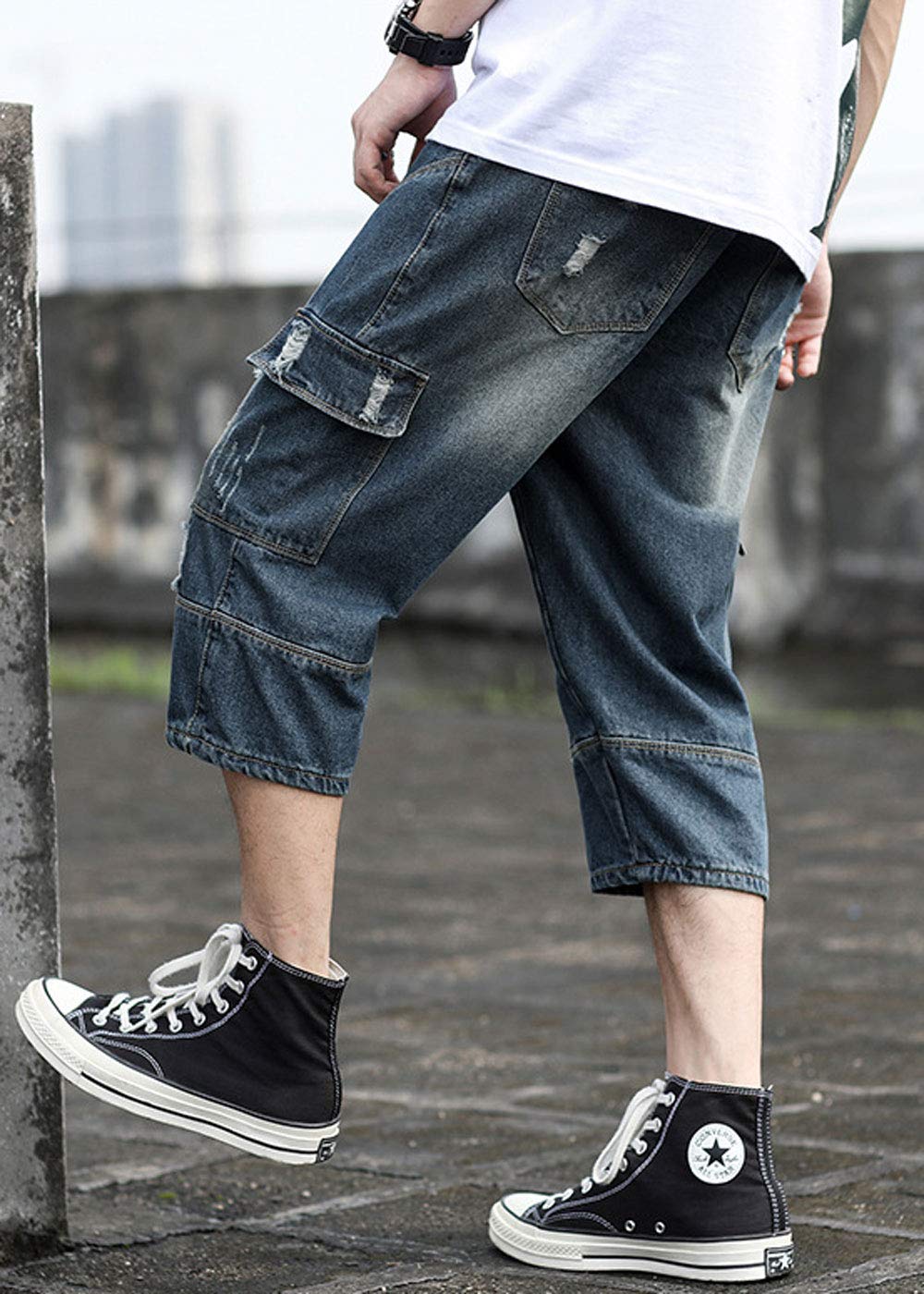 Ebossy Men's Loose Fit Ripped Distressed Denim Shorts - 3/4 Length Below Knee Cargo Capri Jeans for Casual Wear & Summer Outfits