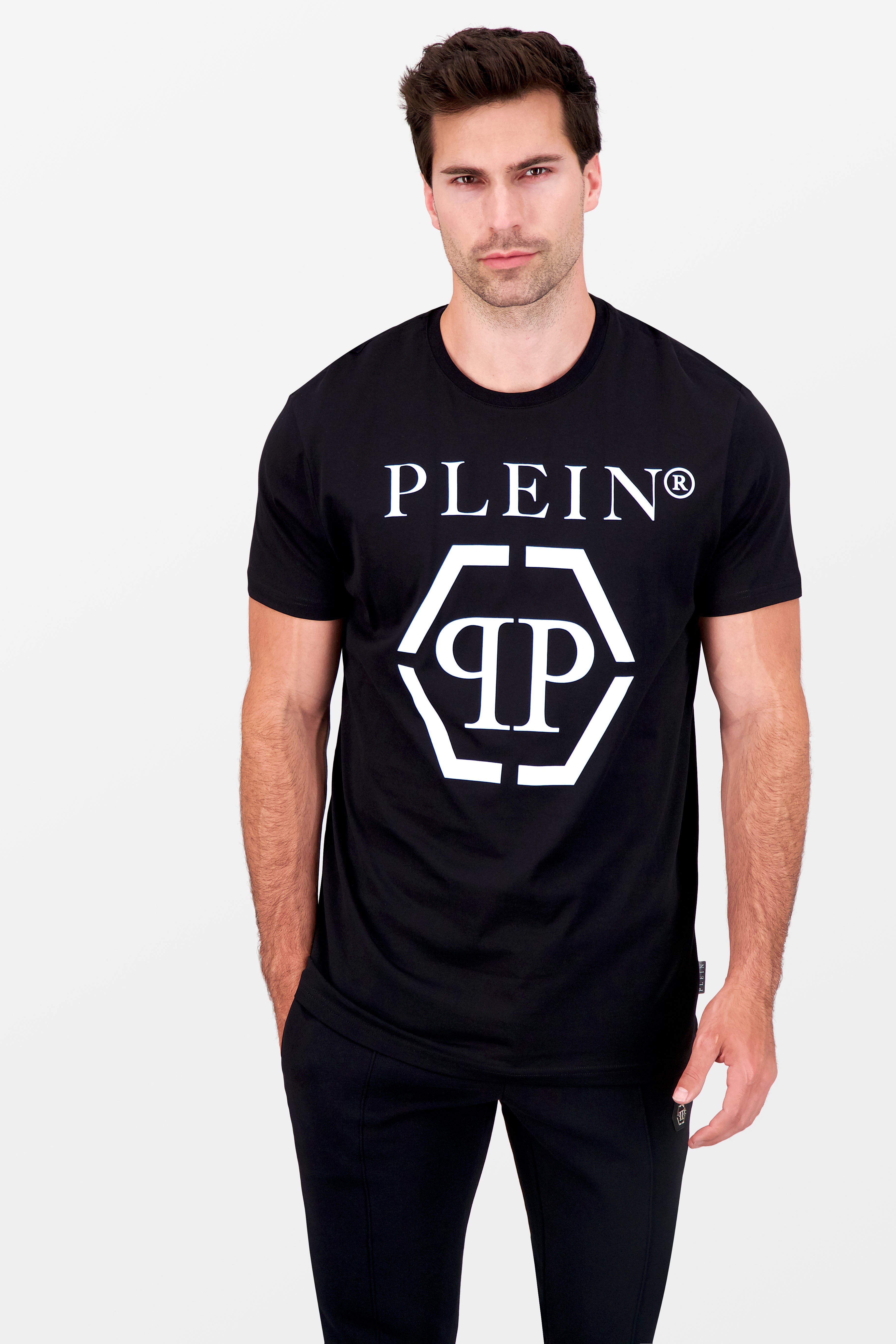 Philipp Plein Black Round Neck Short Sleeve Hexagon Print T-Shirt for Men - Casual Streetwear & Everyday Fashion