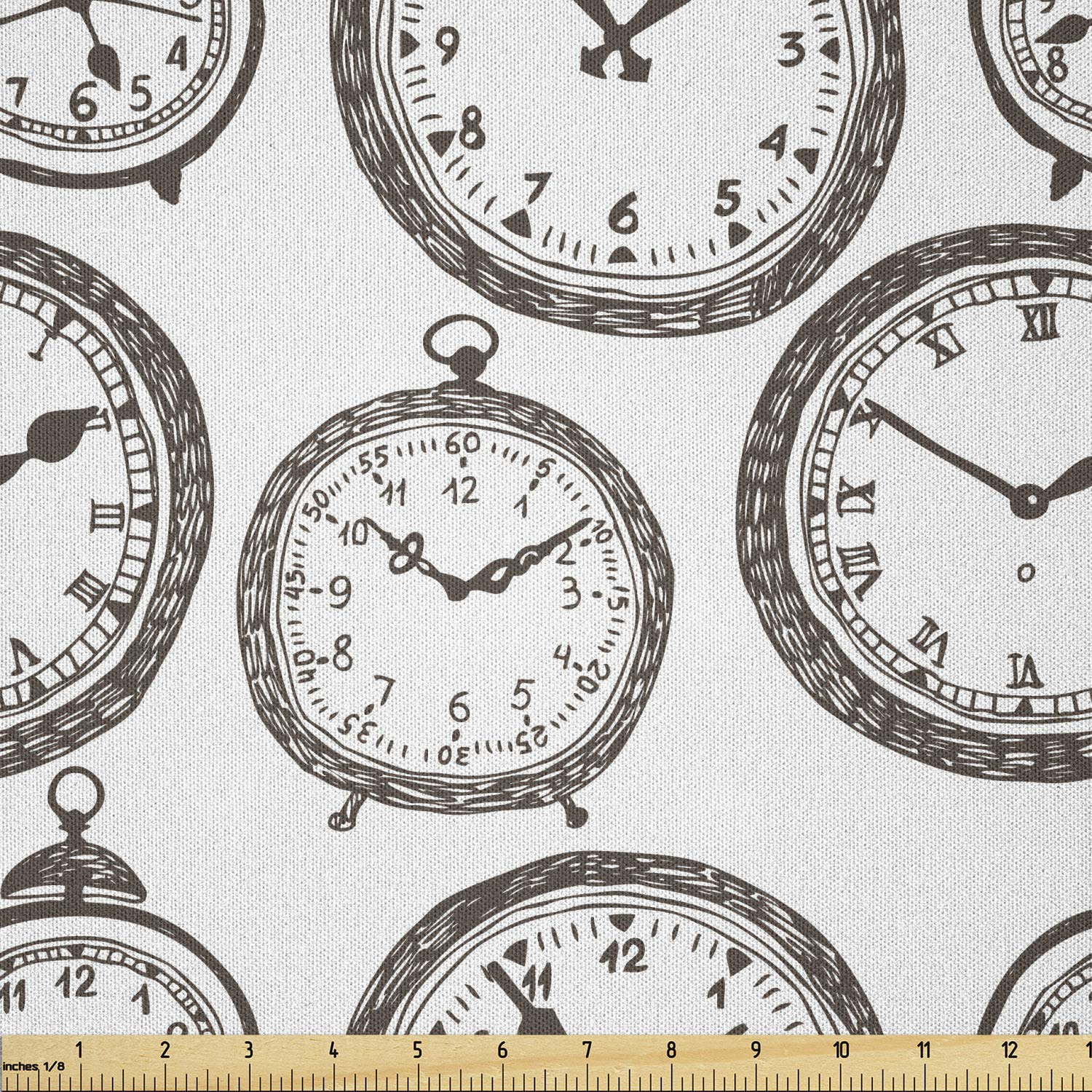 Lunarable Antique Pocket Watch Sketch Clock Fabric by The Yard - Brown White Microfiber Textile for Arts, Crafts & Home Decor (1 Yard) | Perfect for DIY Projects, Quilting, and Wall Hangings