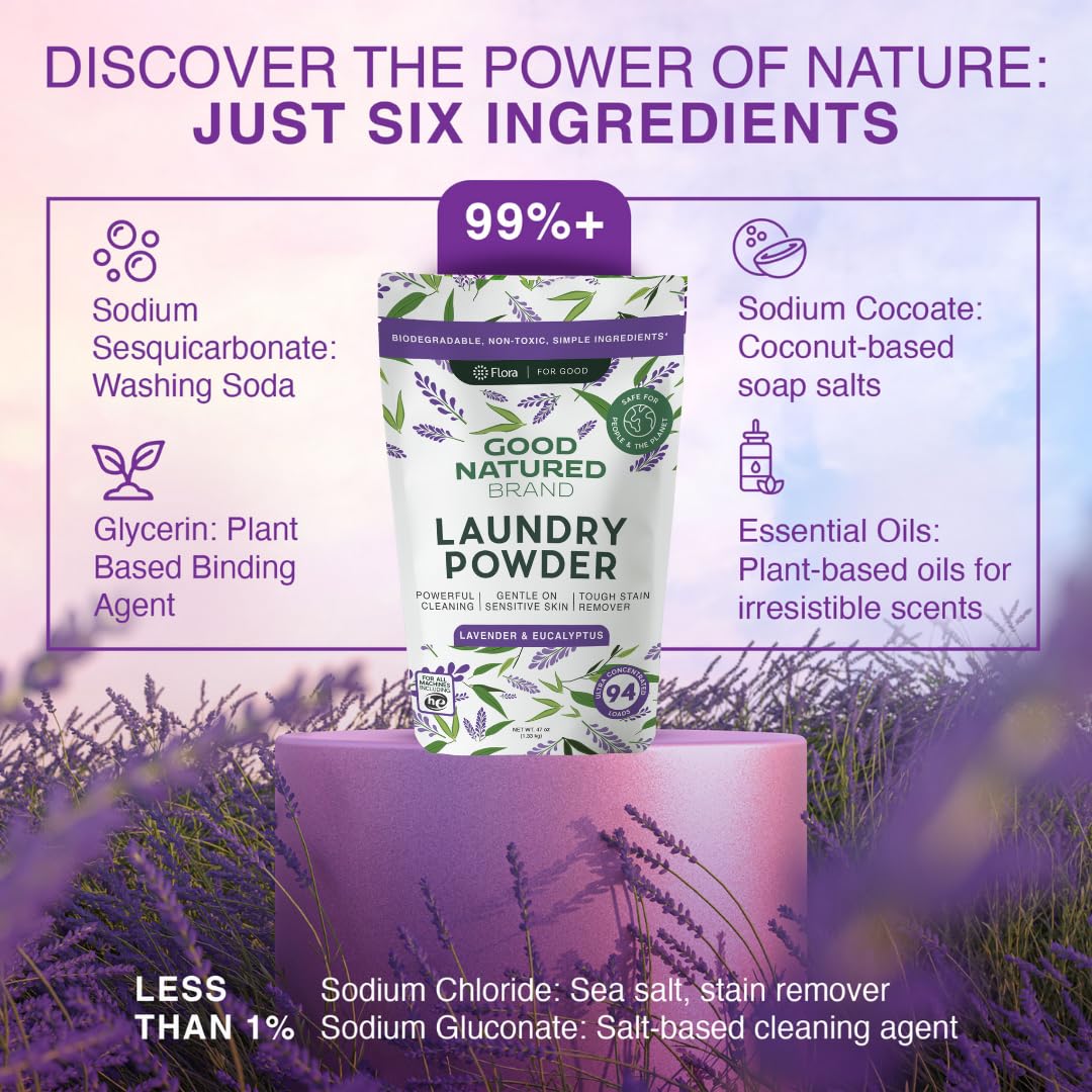 Natural Laundry Detergent Powder - Hypoallergenic & Eco-Friendly Washing Soda for Laundry | Stain Remover Safe for Sensitive Skin | Lavender & Eucalyptus Scent | 94oz (188 Loads) | Perfect for Babies, Delicates & Eco-Conscious Families