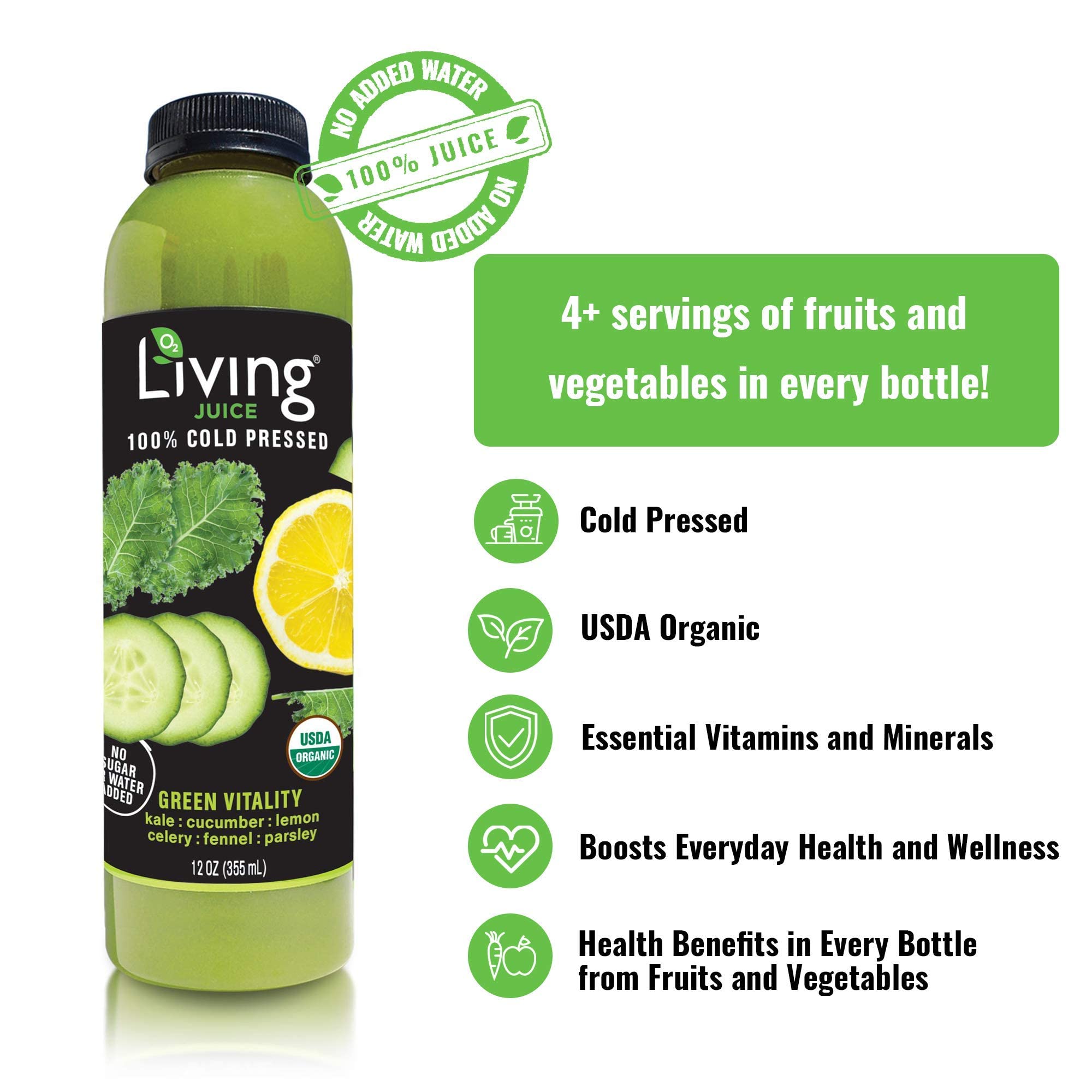 O2 Living Cold Pressed Organic Juice – Low-Calorie Detox Drink with 7 Vegetable Servings, Immunity Booster & Vitamin-Packed Fruity Beverage | Green Vitality 12-Pack (12oz) – Perfect for Post-Workout Recovery, Daily Wellness & Healthy Lifestyle