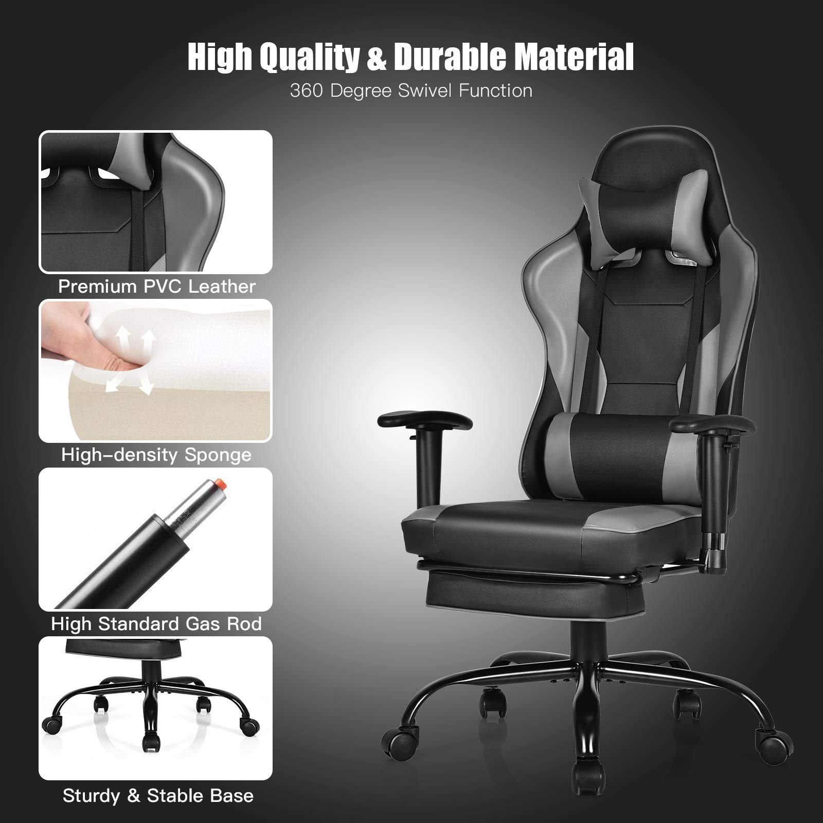 GYMAX Ergonomic Gaming Chair - High Back Computer Chair with Adjustable Armrests, Lumbar Support & Massage - Swivel Reclining Office Chair for PC Gamers & Home Office (Black) - Perfect for Esports, Streaming & Long Work Sessions
