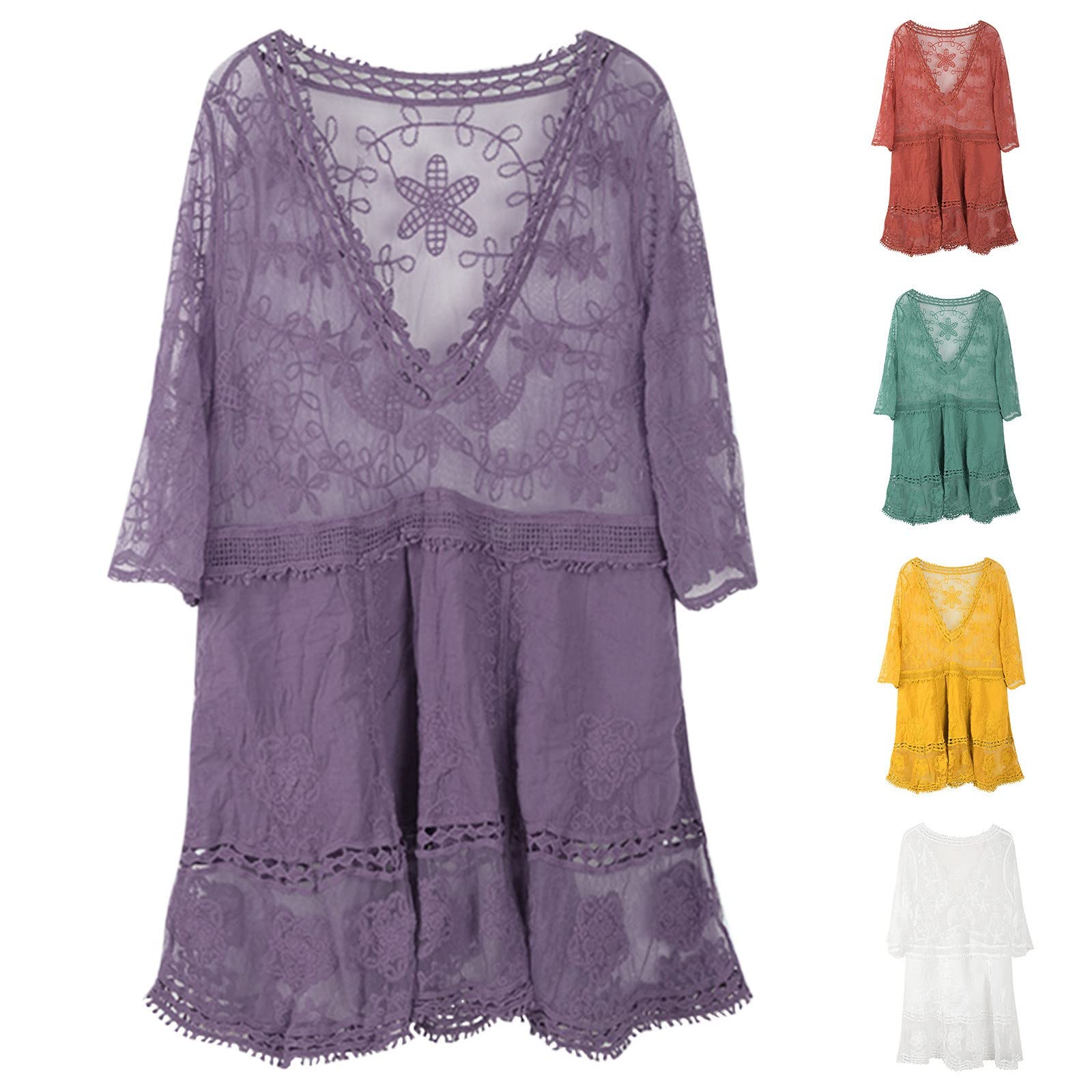 LCZIWO Women's Floral Lace Bikini Cover Up - V Neck Beach Dress with Embroidery, Lightweight Swimsuit Cover Up for Pool, Vacation & Summer Outfits (One Size)