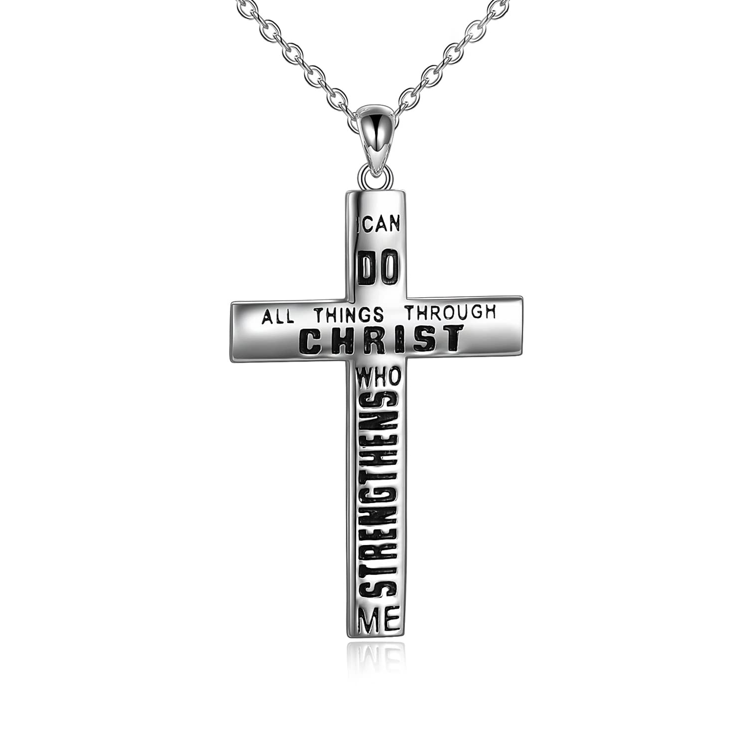 YAFEINI 925 Sterling Silver Cross Pendant Necklace - Inspirational Bible Verse Christian Jewelry for Men, Perfect Gift for Baptism, Confirmation & Religious Occasions