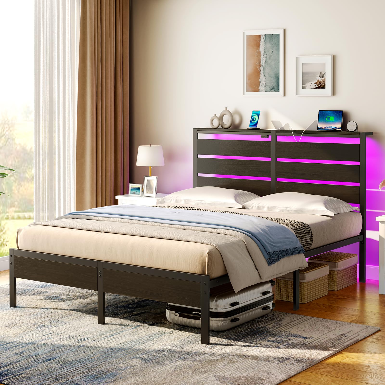 Rolanstar Queen Size Bed Frame with USB Charging & LED Lights - Wood Storage Headboard, Black Metal Platform Bed with Under Bed Storage - No Box Spring Needed, Noise Free - Perfect for Modern Bedrooms & Small Spaces