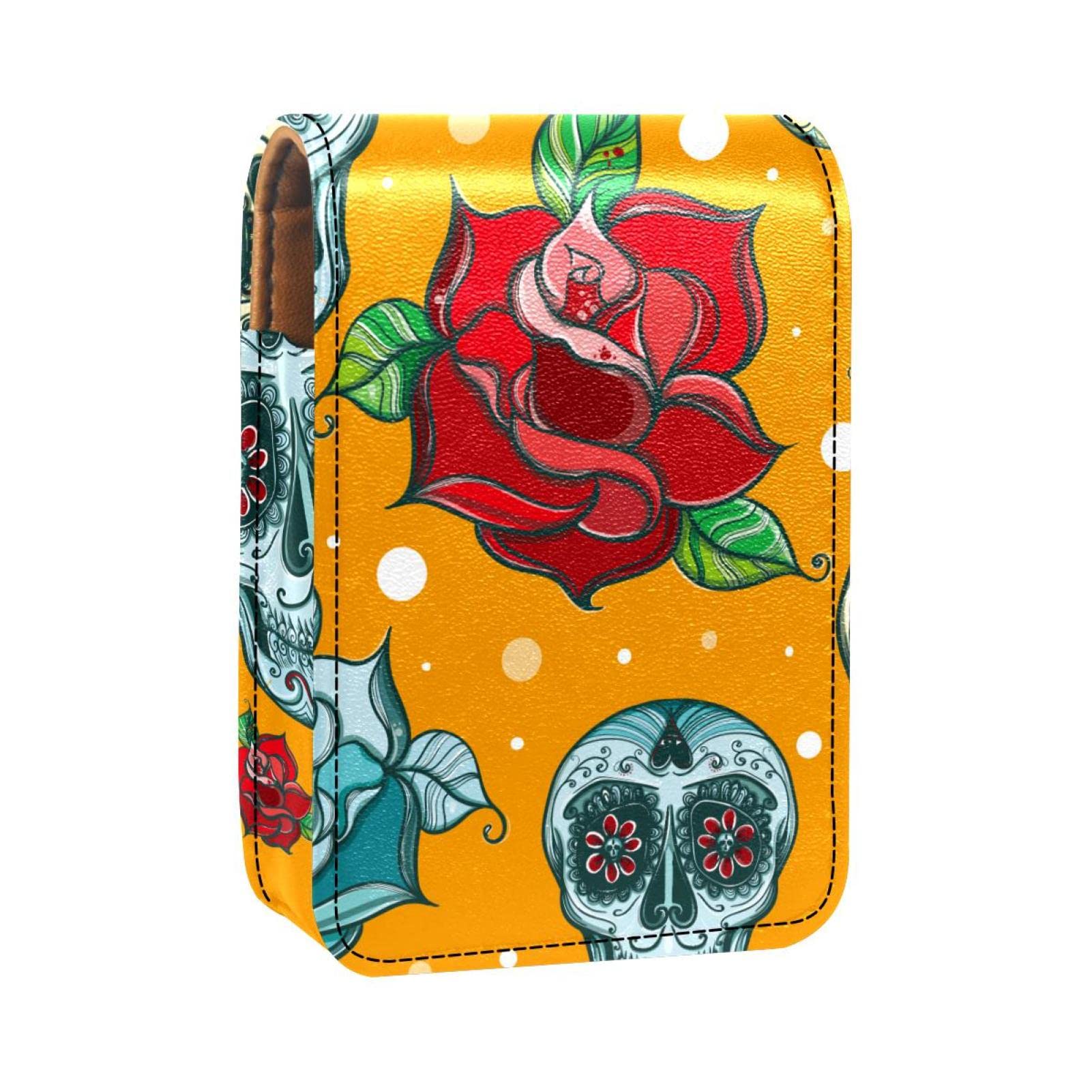 Floral Skulls Leather Lipstick Case - 3 Slot Cosmetic Makeup Holder for Purse, Travel & Everyday Organization