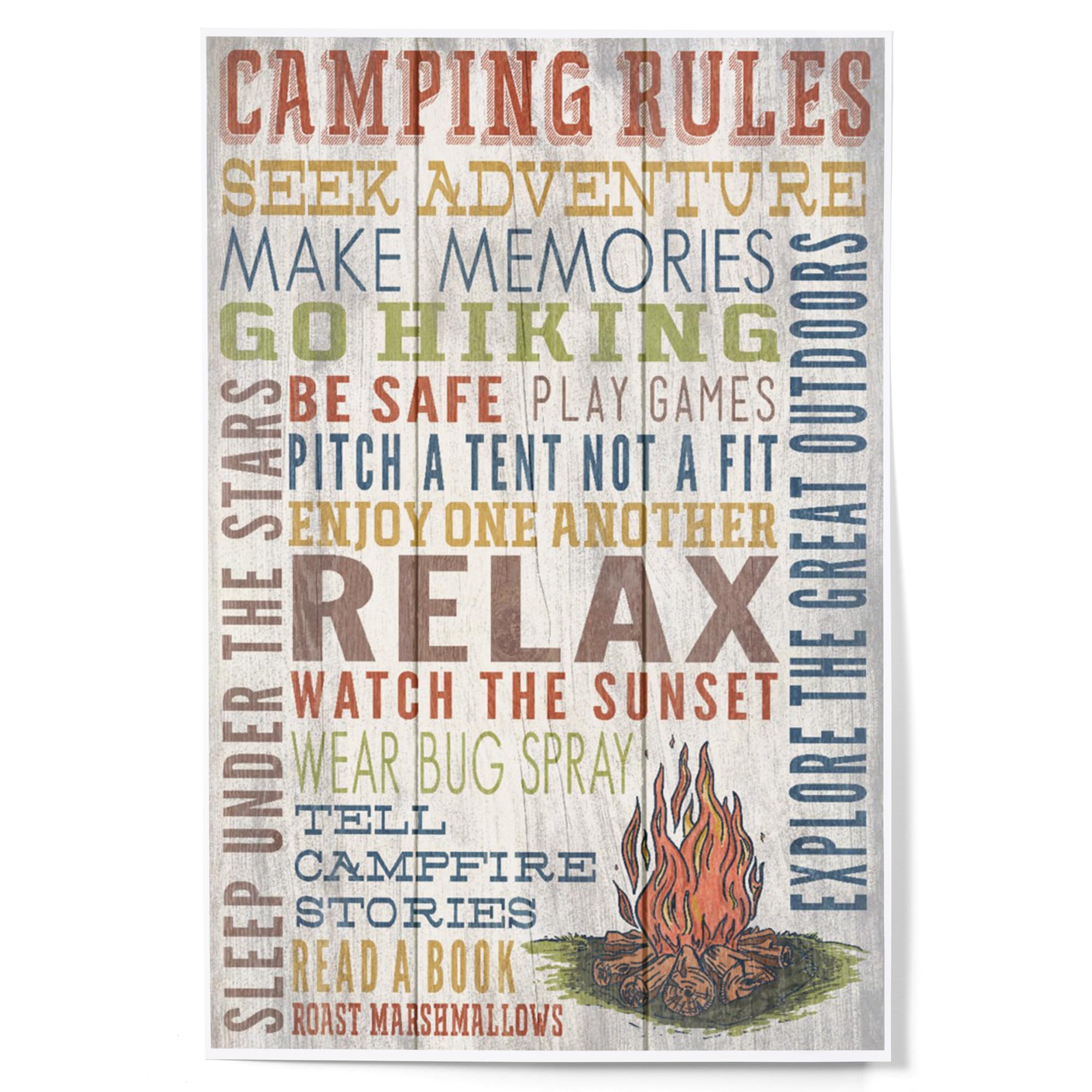 Lantern Press 12x18 Inch Camping Rules Wall Art Print - Rustic Typography Home Decor for Cabin, RV & Outdoor Enthusiasts