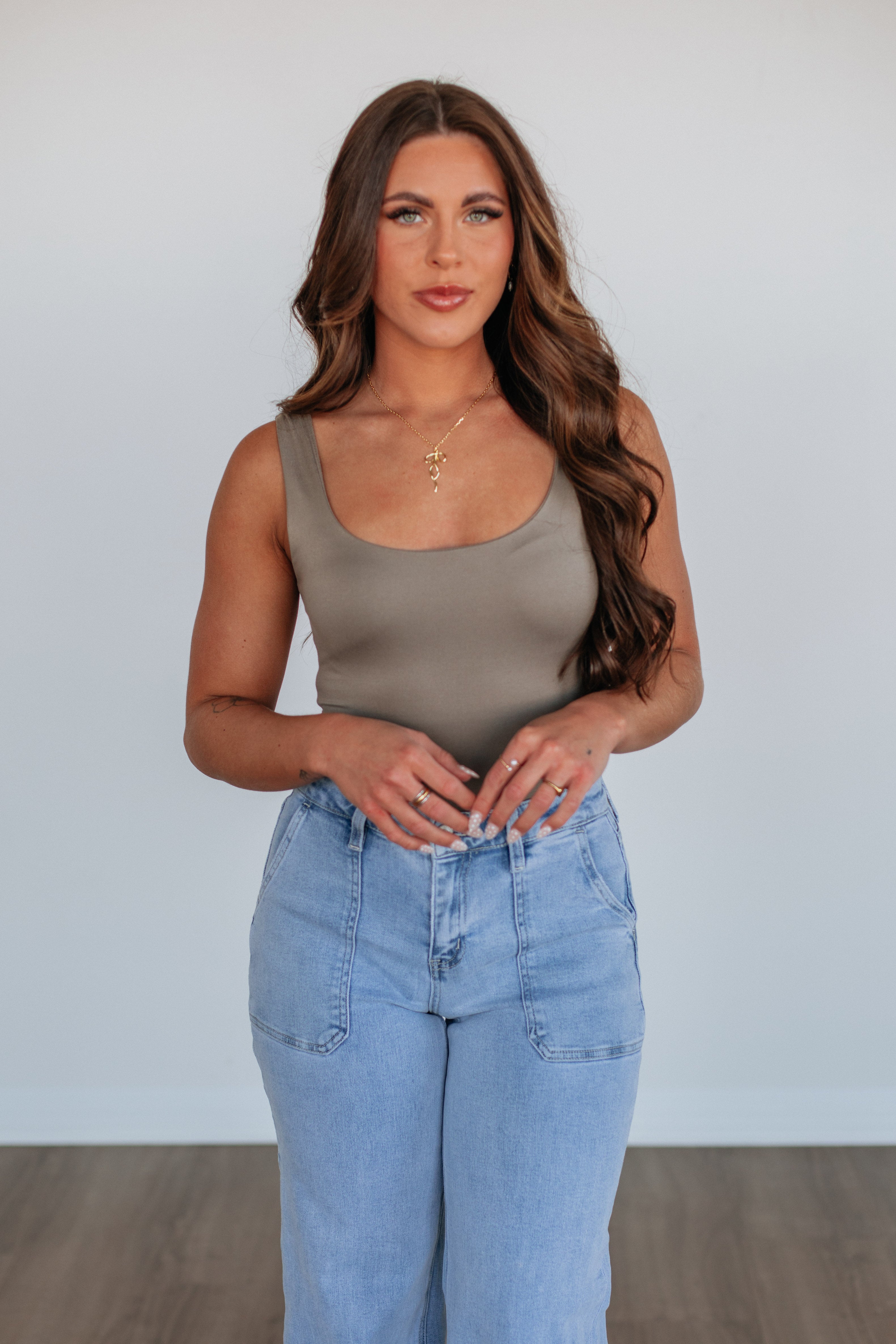 Elena Basic Bodysuit for Women - Soft Stretchy Comfortable Camisole Top - Mushroom Color - Perfect for Layering, Yoga & Everyday Wear