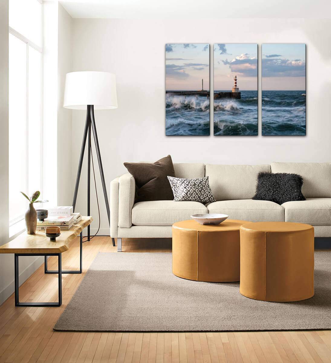 Stormy Coast Canvas Wall Art - 3 Panels Lighthouse Painting for Living Room & Bedroom Decor