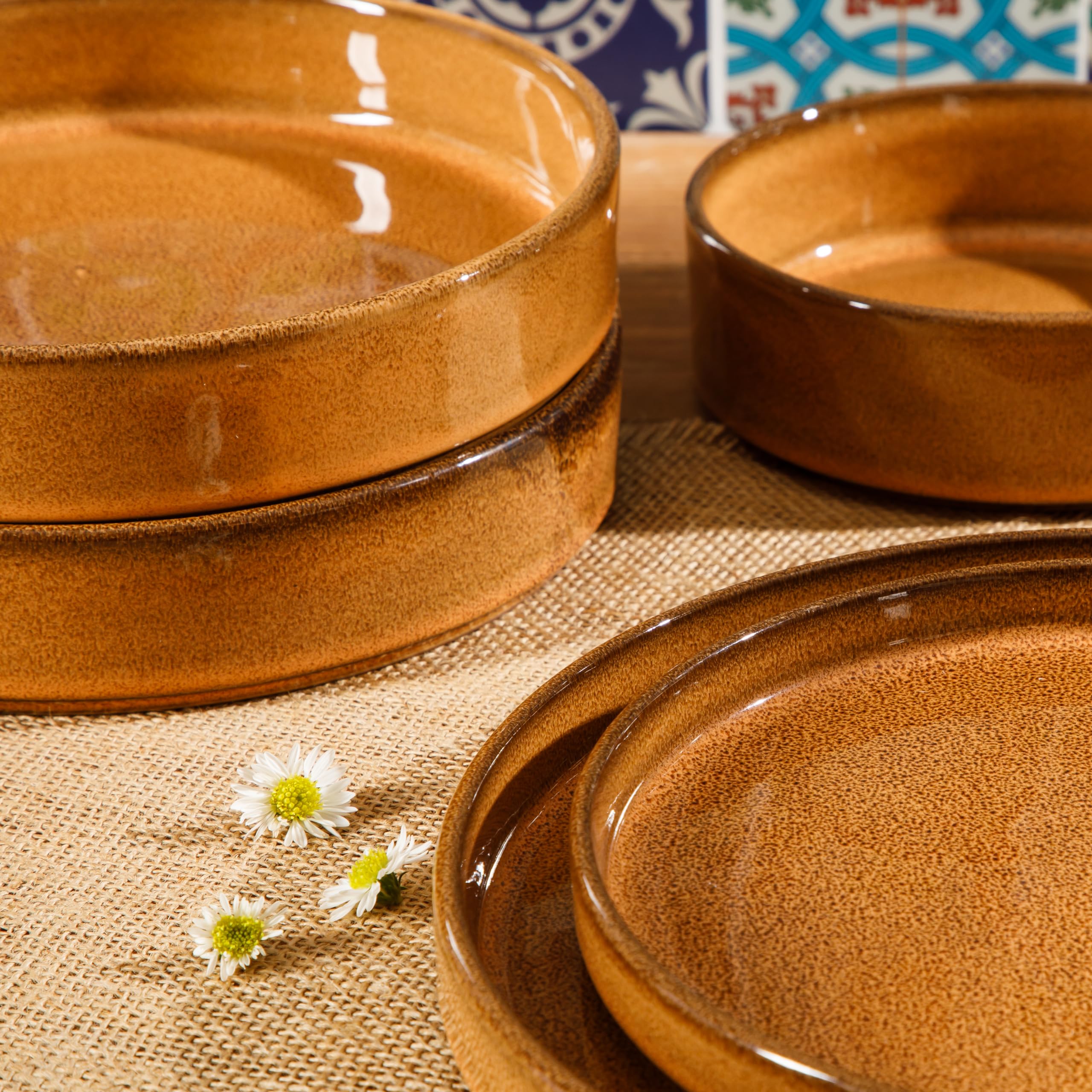 Oprah's Favorite Santorini Mist Terracotta Reactive Glaze Dinnerware Set - 16-Piece Double Bowl Plates & Bowls in Amber (Service for 4) | Elegant Table Setting for Mediterranean Dining & Entertaining