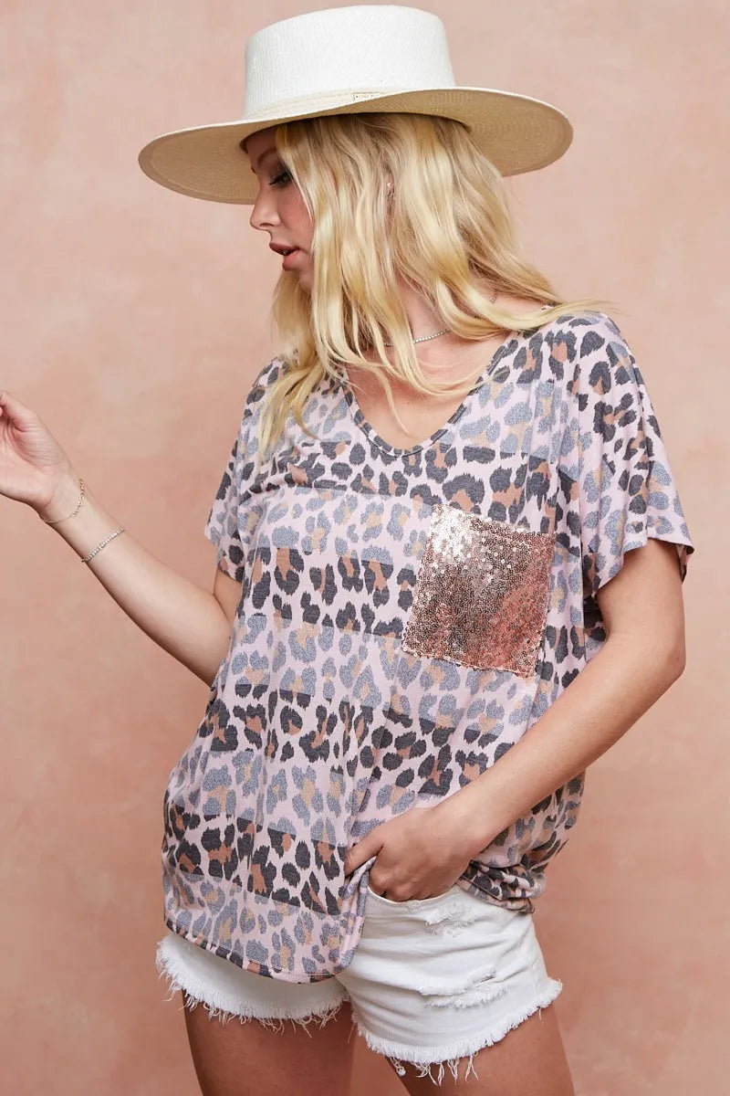 BiBi Leopard Stripe Printed Jersey T-Shirt for Women - Soft Cotton Casual Tee - Perfect for Streetwear, Lounge & Everyday Outfits