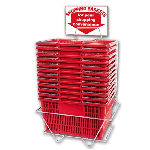 12-Piece Plastic Shopping Basket Set with Metal Handles - Includes Sign and Stand for Retail Stores, Supermarkets & Farmers Markets