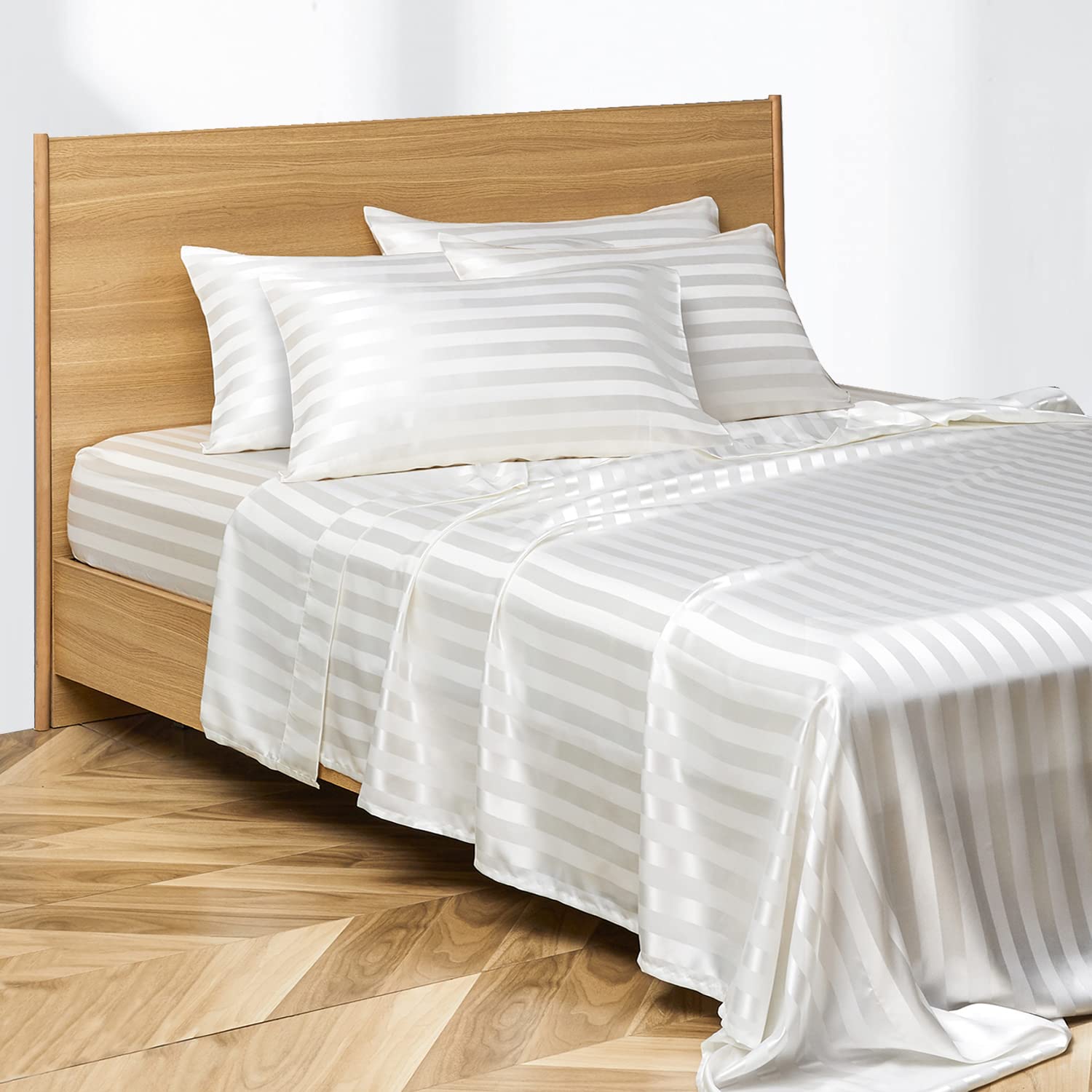 Luxury Candoury 6-Piece Satin Bedding Set - Queen Size Silky Soft Sheets with Pillowcases, Flat & Fitted Sheet - Hypoallergenic & Stain Resistant - Ivory Striped - Perfect for Master Bedroom, Guest Room & Hotel Style Decor