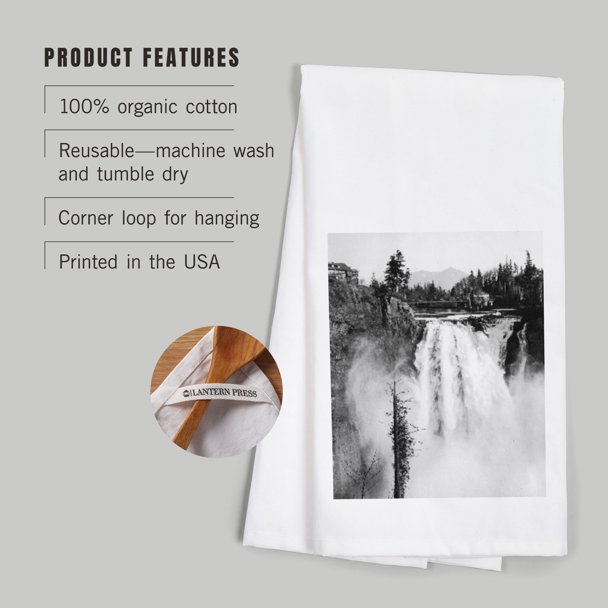 Lantern Press Snoqualmie Falls and Lodge Washington Photo Print - 100% Cotton Tea Towel, Decorative Hand Towel for Kitchen & Home Decor - Perfect for Gifts, Housewarming, and Farmhouse Style Kitchens