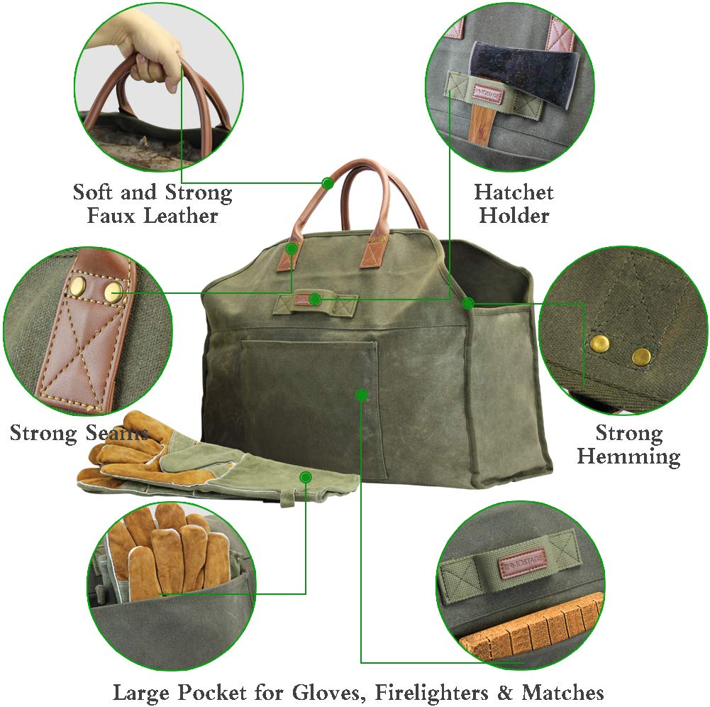 Premium Waxed Canvas Firewood Log Carrier Bag with Pure Leather Gloves - Heavy Duty Fireplace Accessories for Camping, Fireplace & Outdoor Use (Green)