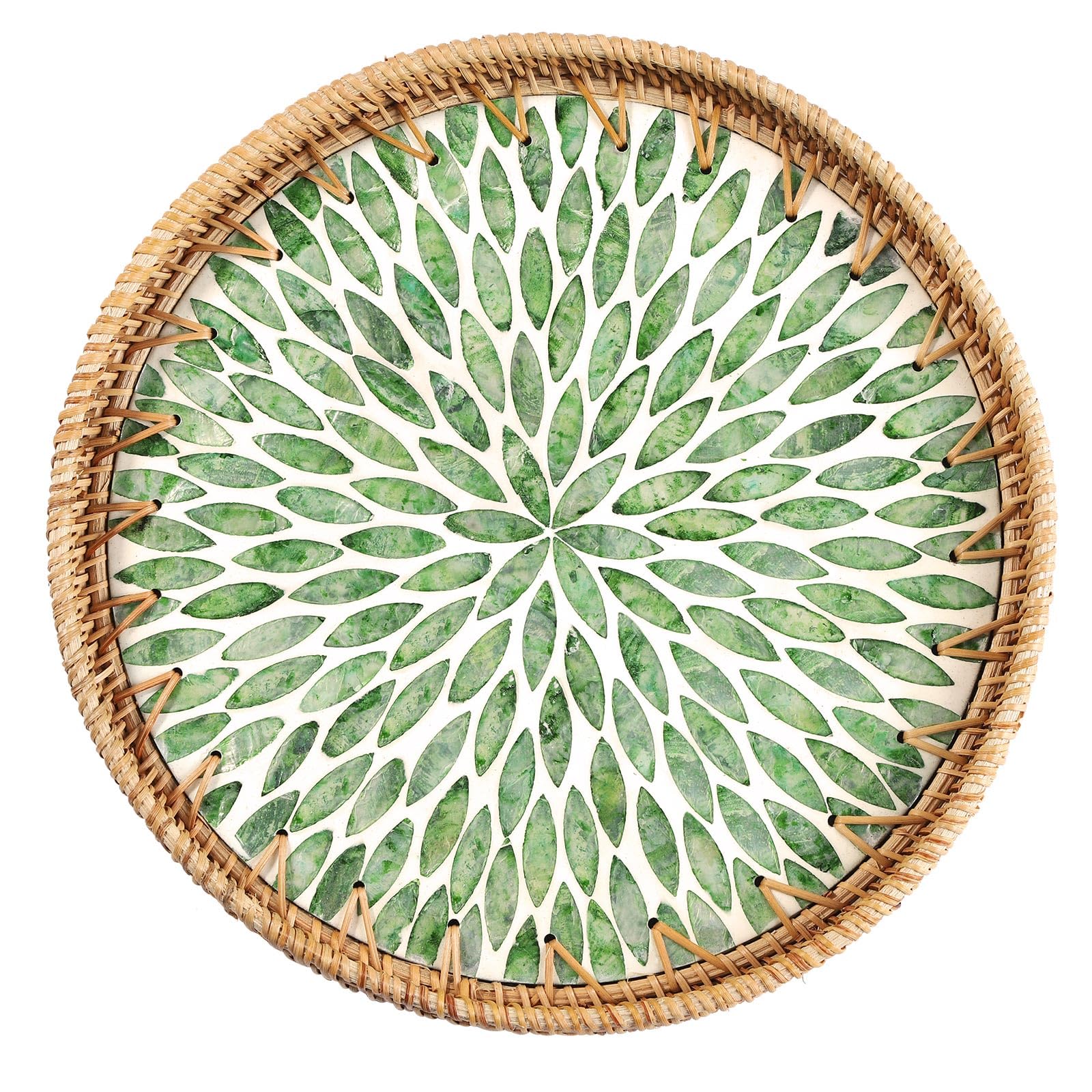 Round Rattan Tray with Mother of Pearl Inlay - Handwoven Wicker Serving Tray with Wooden Base - Decorative Coffee Table Tray for Home Decor, Food Display, Coffee, Fruits & Bread - Perfect for Living Room, Dining Table & Tea Parties (Green Leaf Design)