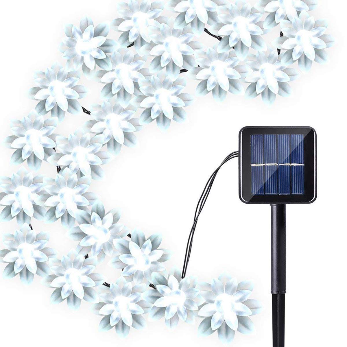 WONFAST 23FT 50LED Solar Powered Waterproof Christmas Lights - 8 Lighting Modes White Lotus Flower Fairy String Lights for Outdoor Garden, Wedding, Party & Indoor Home Decor - Perfect for Holiday, Patio and Landscape Lighting