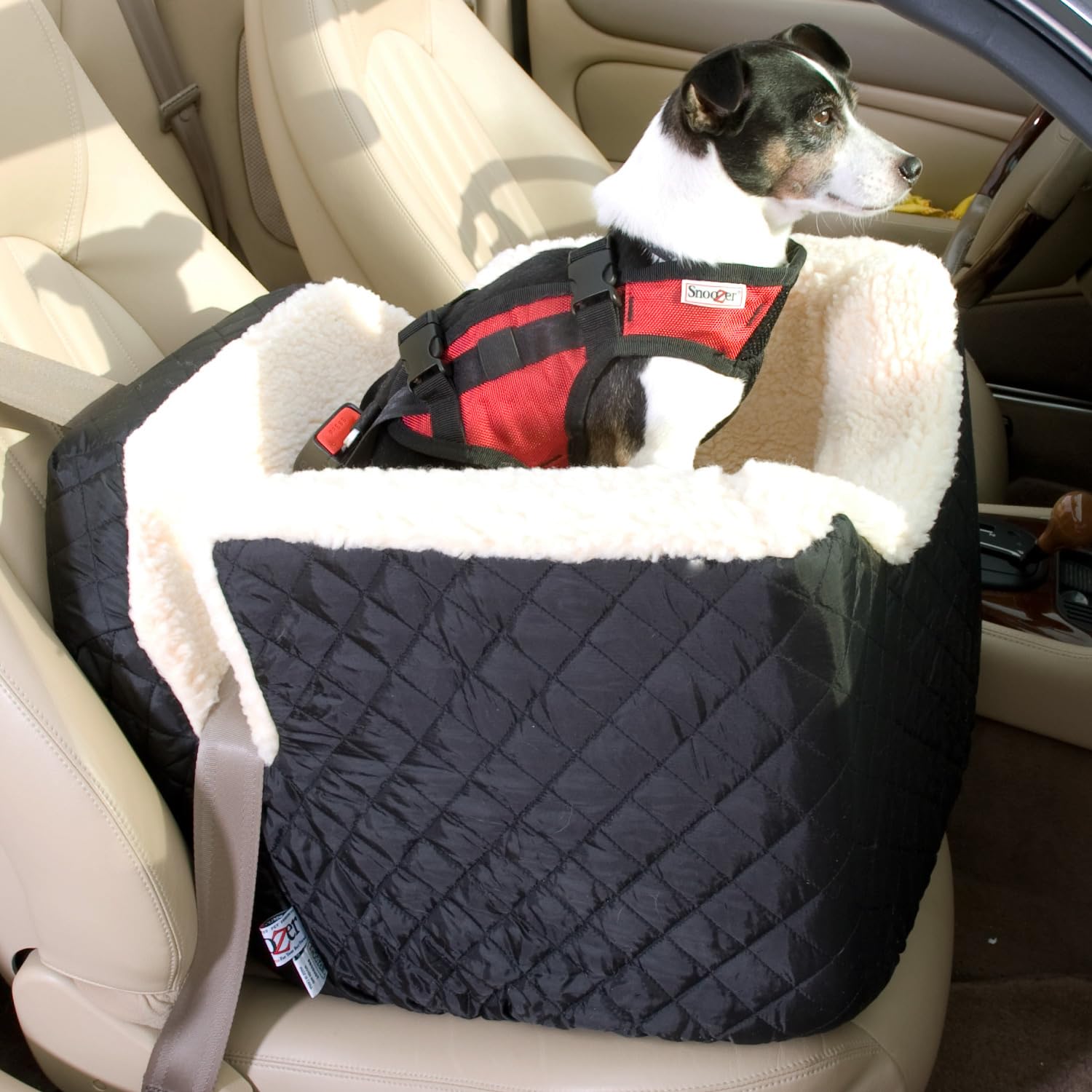 Snoozer Lookout I Dog Booster Car Seat for Small Dogs Under 25lbs - Medium Size Black Quilted Pet Car Seat - Helps Prevent Car Sickness - Removable & Machine Washable Cover - Perfect for Road Trips & Vet Visits