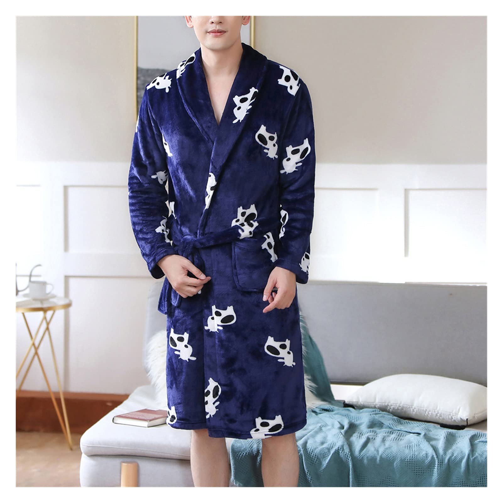 Men's Flannel Nightgown - Soft Warm Winter Pajamas with Cartoon Print, Cozy Bathrobe for Home & Sleepwear (One Size, Color A) - Perfect for Lounging, Relaxing & Cold Weather Comfort