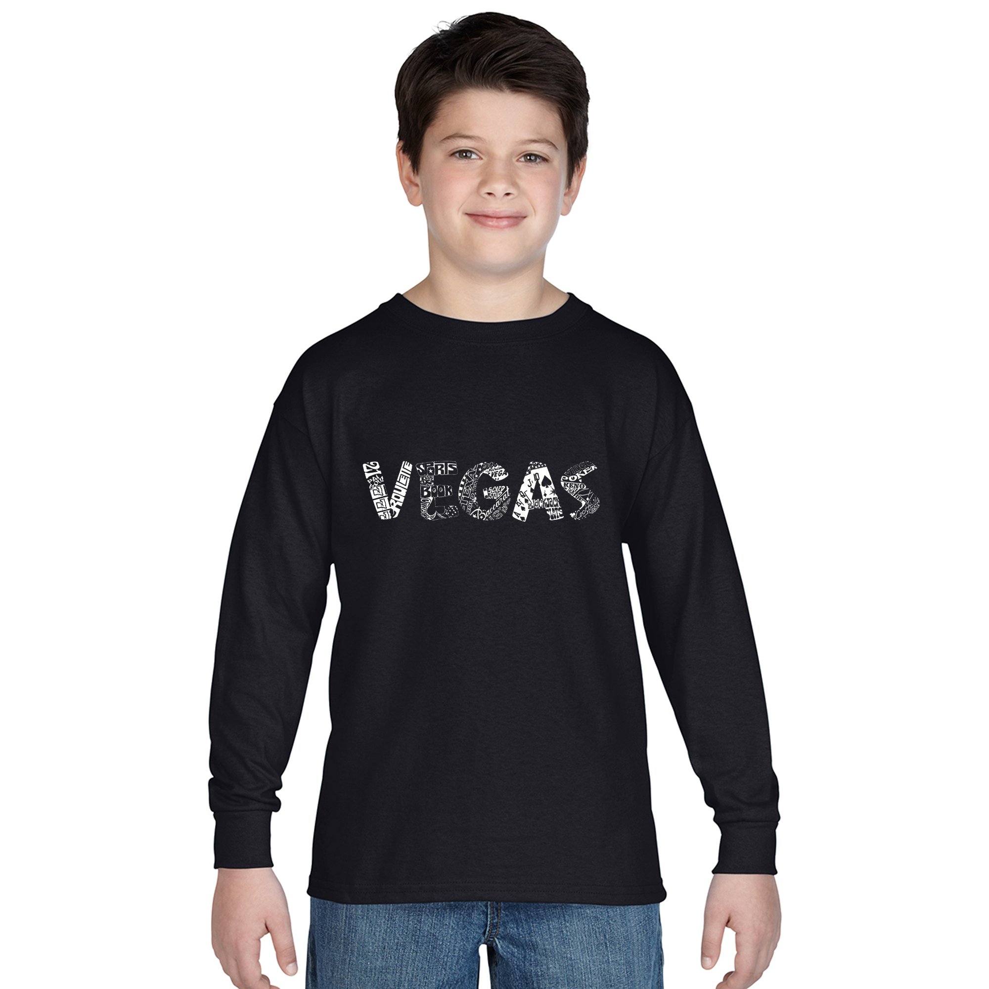 LA POP ART Boys Long Sleeve Graphic T-Shirt with Vegas Word Art - Cool Casual Wear for School, Street Style & Teen Fashion
