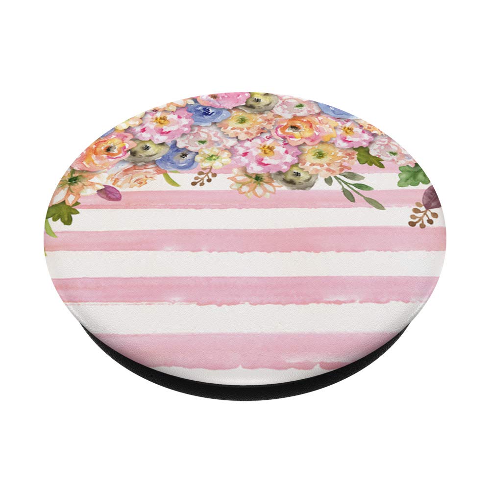 Pink Stripes Floral Design PopSocket - Phone Grip & Stand for iPhone, Samsung, Smartphones - Perfect for Selfies, Videos, and Hands-Free Use