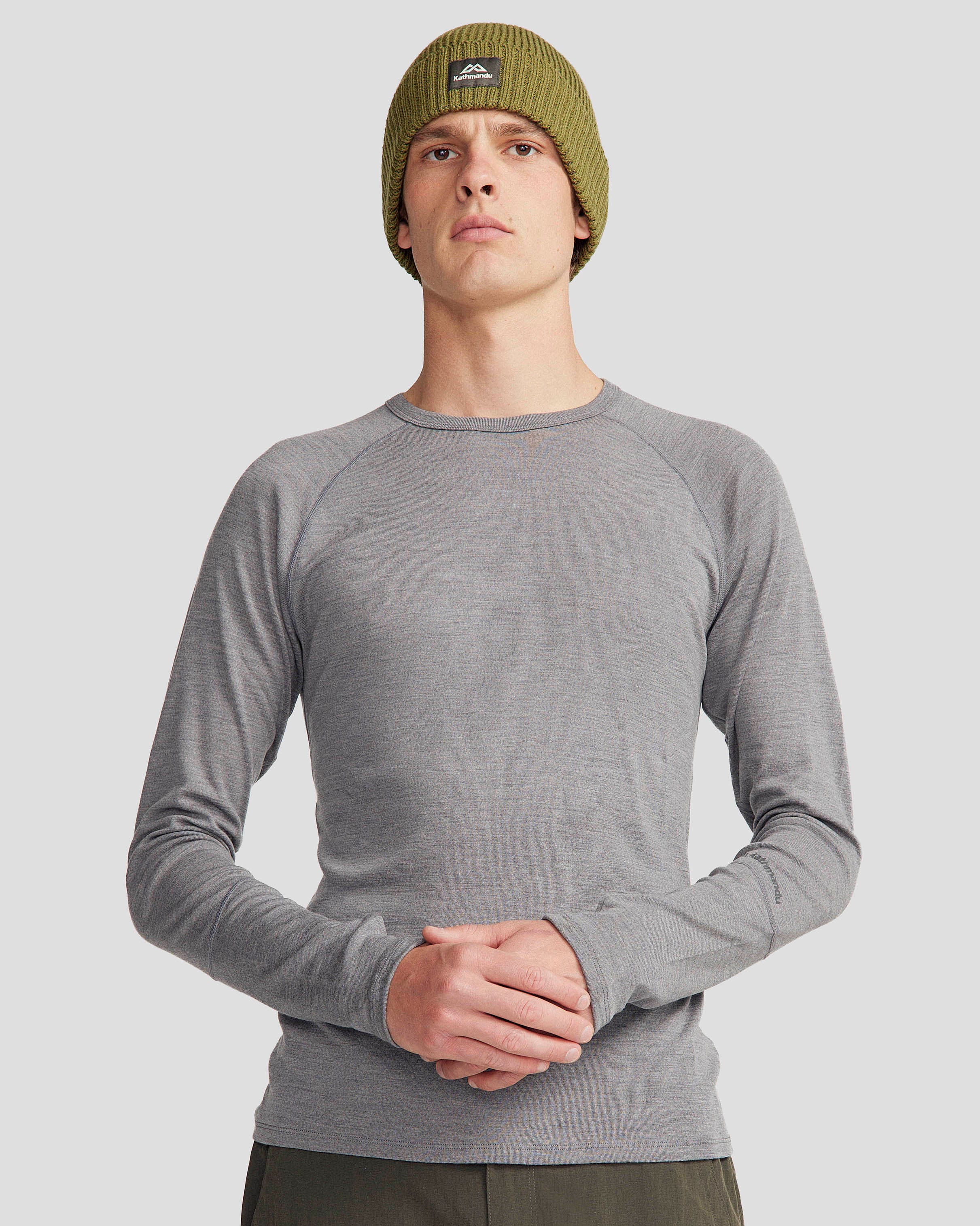 KMD Merino Wool Baselayer Long Sleeve Top for Men - Grey Marle - Moisture Wicking & Odor Resistant Thermal Shirt for Hiking, Skiing & Outdoor Activities