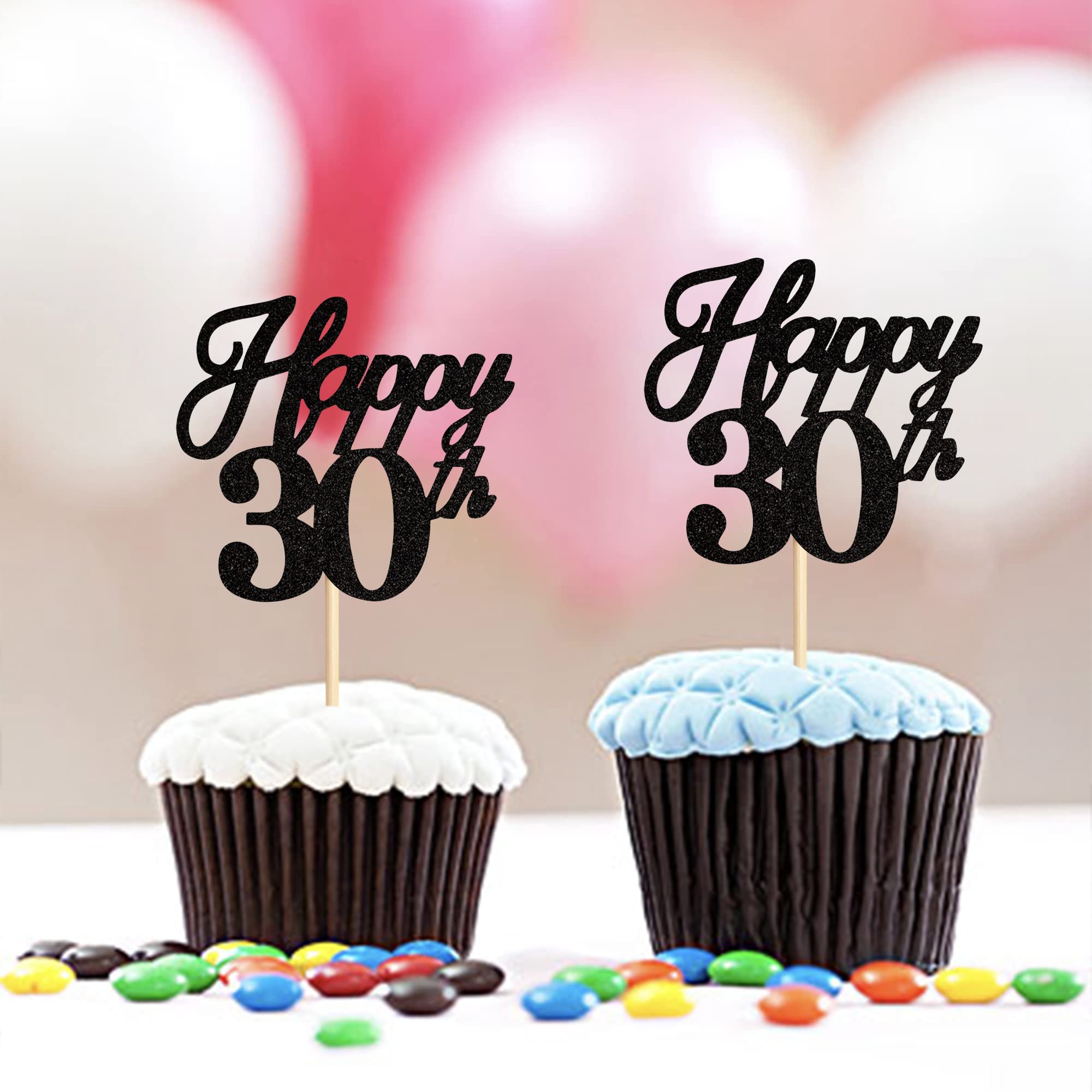 Ercadio 24 Pack Happy 30th Birthday Cupcake Toppers - Black Glitter 30th Cupcake Picks, Hello 30 Cupcake Decorations for Birthday, Wedding, Anniversary Party Cake Decor Supplies - Perfect for Milestone Celebrations & Dessert Table Displays