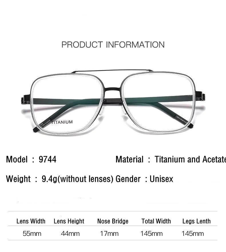 Unisex Full Rim Square Double Bridge Titanium Acetate Eyeglasses Frame 9744 - Lightweight Durable Glasses for Men & Women - Perfect for Reading, Work & Fashion Accessories