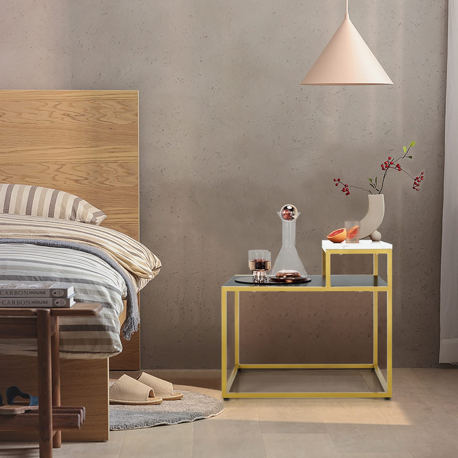 Giantex Gold End Table with Faux Marble Top - Adjustable Foot Pads & Storage Shelf - Modern Side Table for Living Room, Bedroom, Office - Easy Assembly - Perfect for Coffee, Books & Decor Display