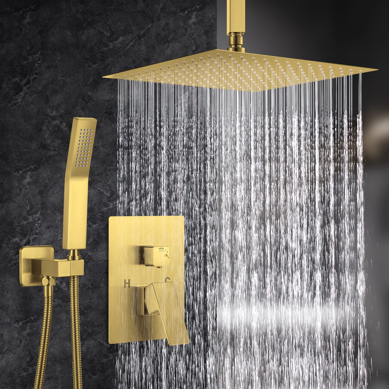 12 Inch Brushed Gold High Pressure Shower Head System with Rain Handheld Combo - Ceiling Mounted Dual Shower Faucet Set with Rough-in Valve Body & Trim - Perfect for Modern Bathroom, Spa-Like Shower Experience, and Luxury Home Renovation