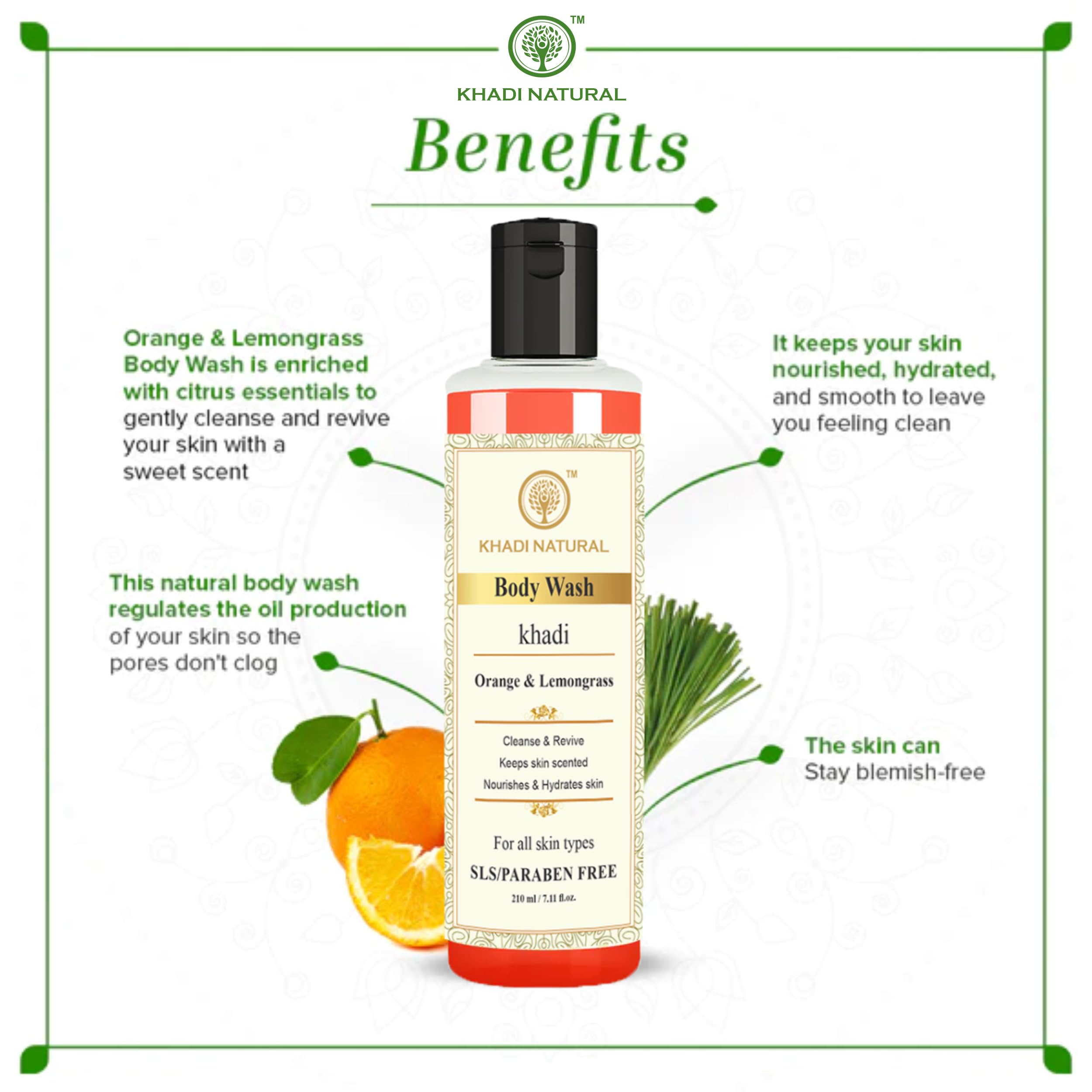 Khadi Natural Herbal Orange & Lemongrass Body Wash - Deep Cleansing & Revitalizing Shower Gel for All Skin Types | Regulates Oil, Prevents Blemishes | 210ml Twin Pack | Perfect for Daily Shower & Spa Relaxation