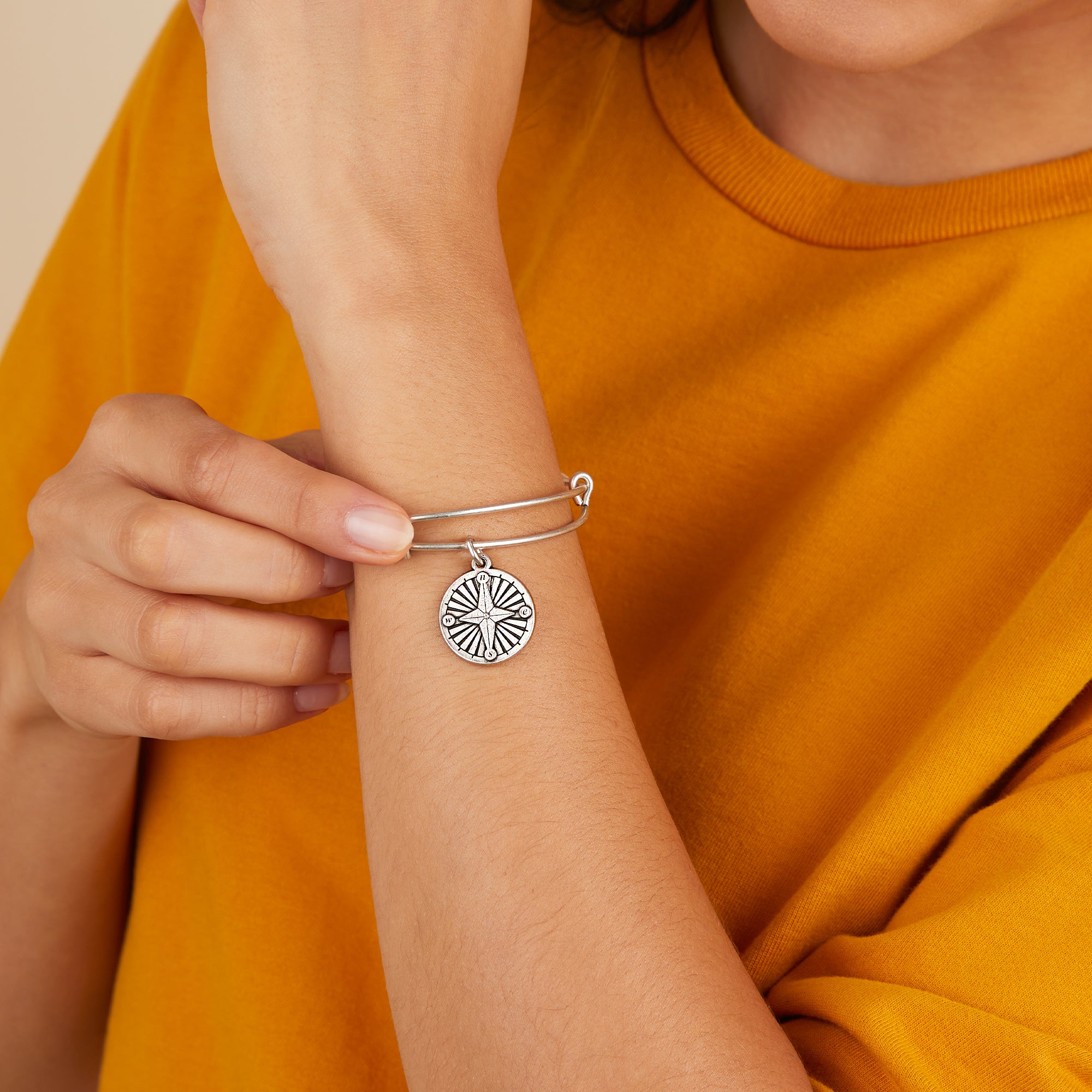 Compass Charm Bangle - Elegant Adjustable Silver Bracelet for Women, Travel Jewelry Gift for Adventurers - Perfect for Hiking, Camping & Outdoor Activities