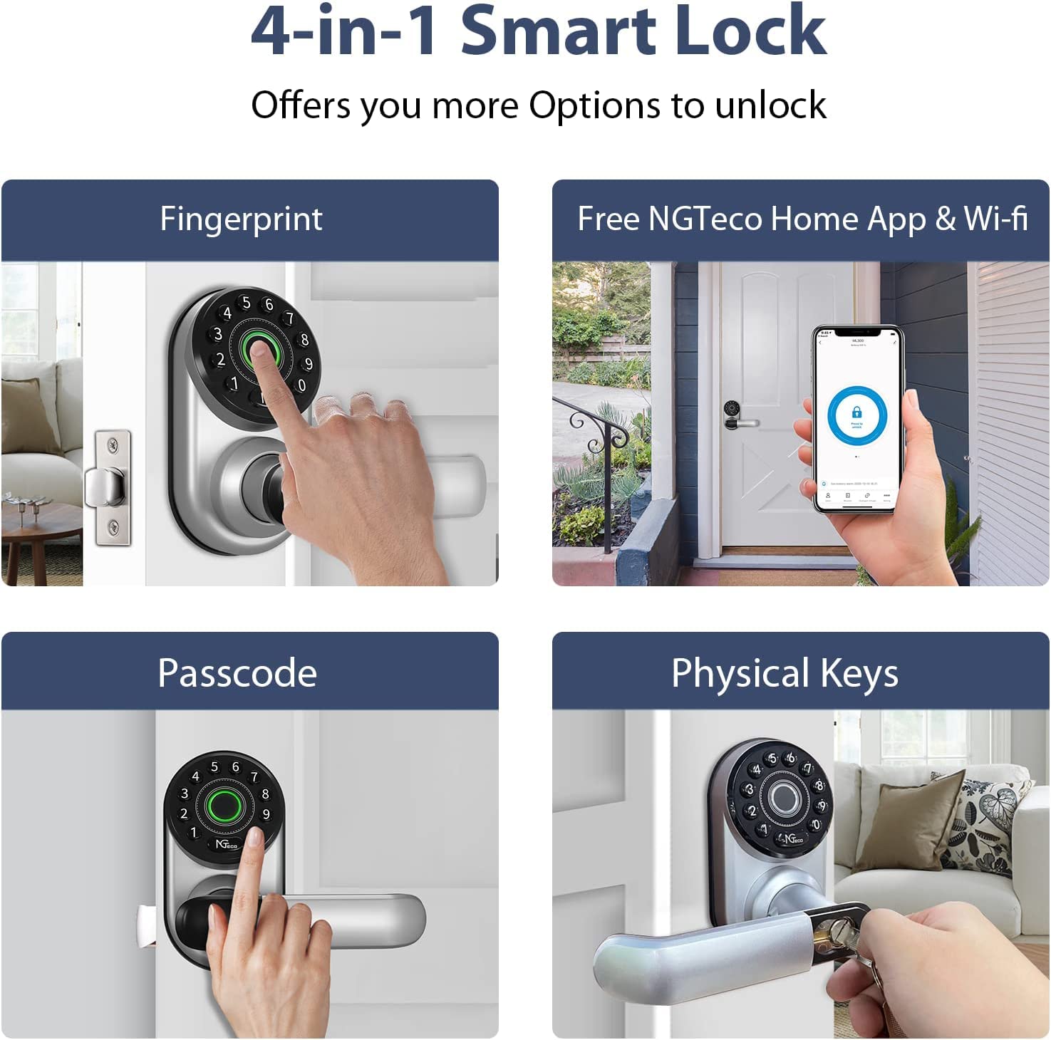NGTeco Smart WiFi Fingerprint Keyless Entry Door Lock - Bluetooth Electronic Deadbolt with Reversible Handle, Biometric & Keypad Access, Digital Passcode Security for Home & Office (Silver) | Ideal for Smart Homes, Vacation Rentals & High-Security Buildings