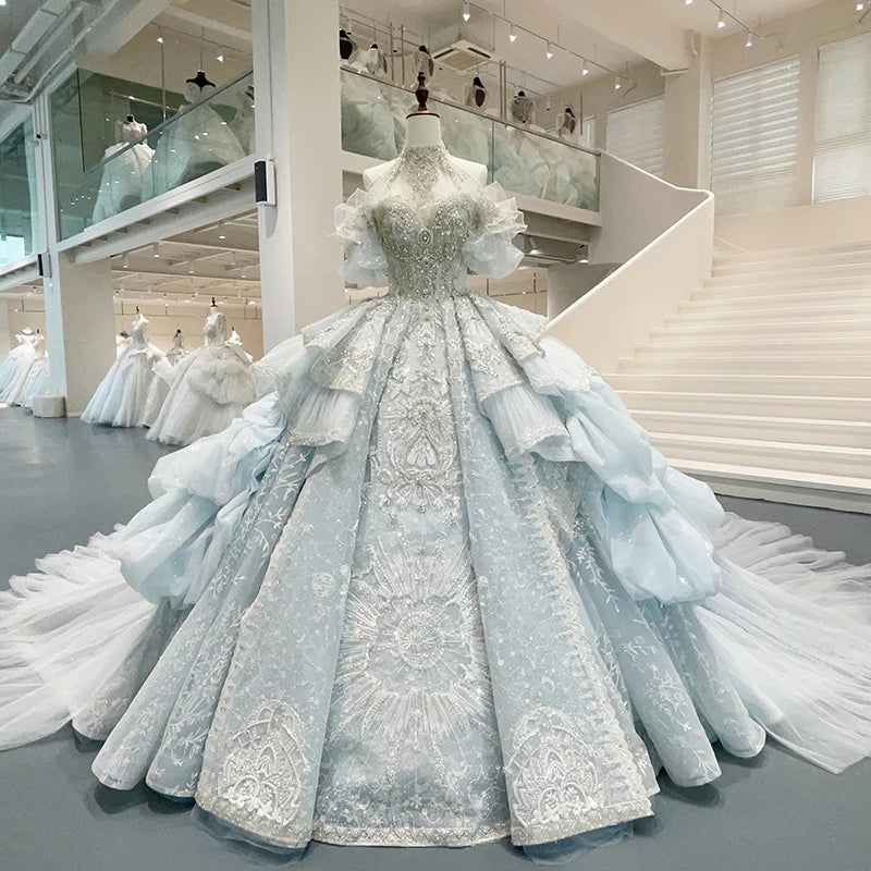 Custom Luxury Lace Ball Gown Halter Wedding Dress with Handmade Embroidery - Perfect for Bridal, Prom & Formal Events