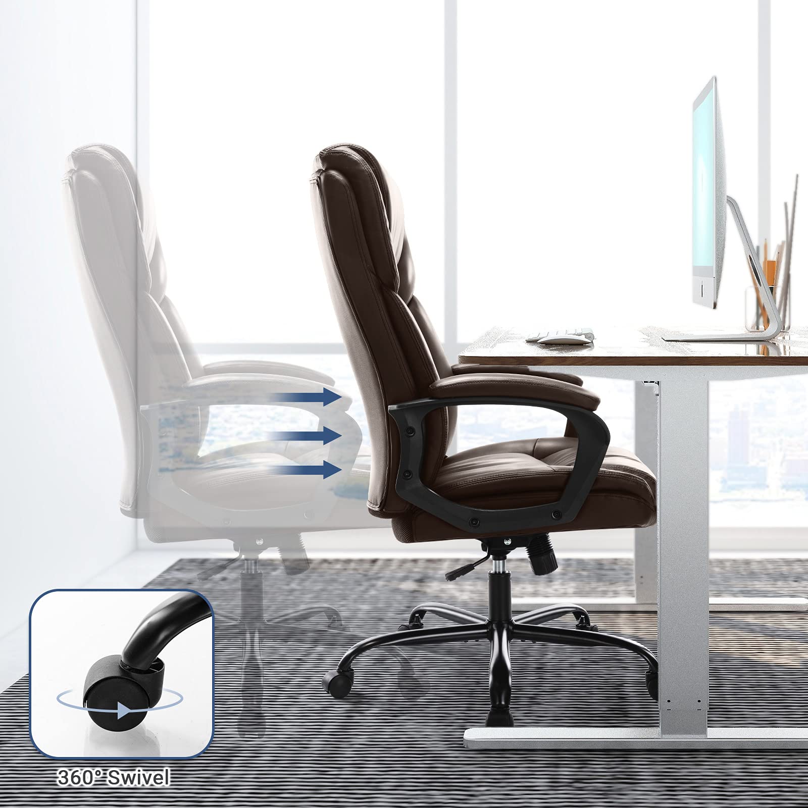 Ergonomic High Back Executive Office Chair - Adjustable PU Leather Managerial Swivel Task Chair with Lumbar Support for Home & Office Use, Brown - Perfect for Long Work Hours, Video Conferencing and Computer Workstations